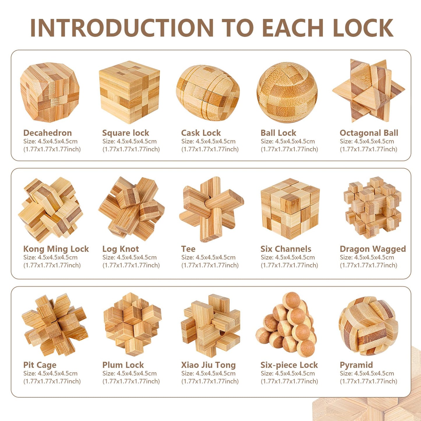 VolksRose 15pc Wooden Brain Teaser Puzzles – 3D Interlocking Mind Games Gift Set