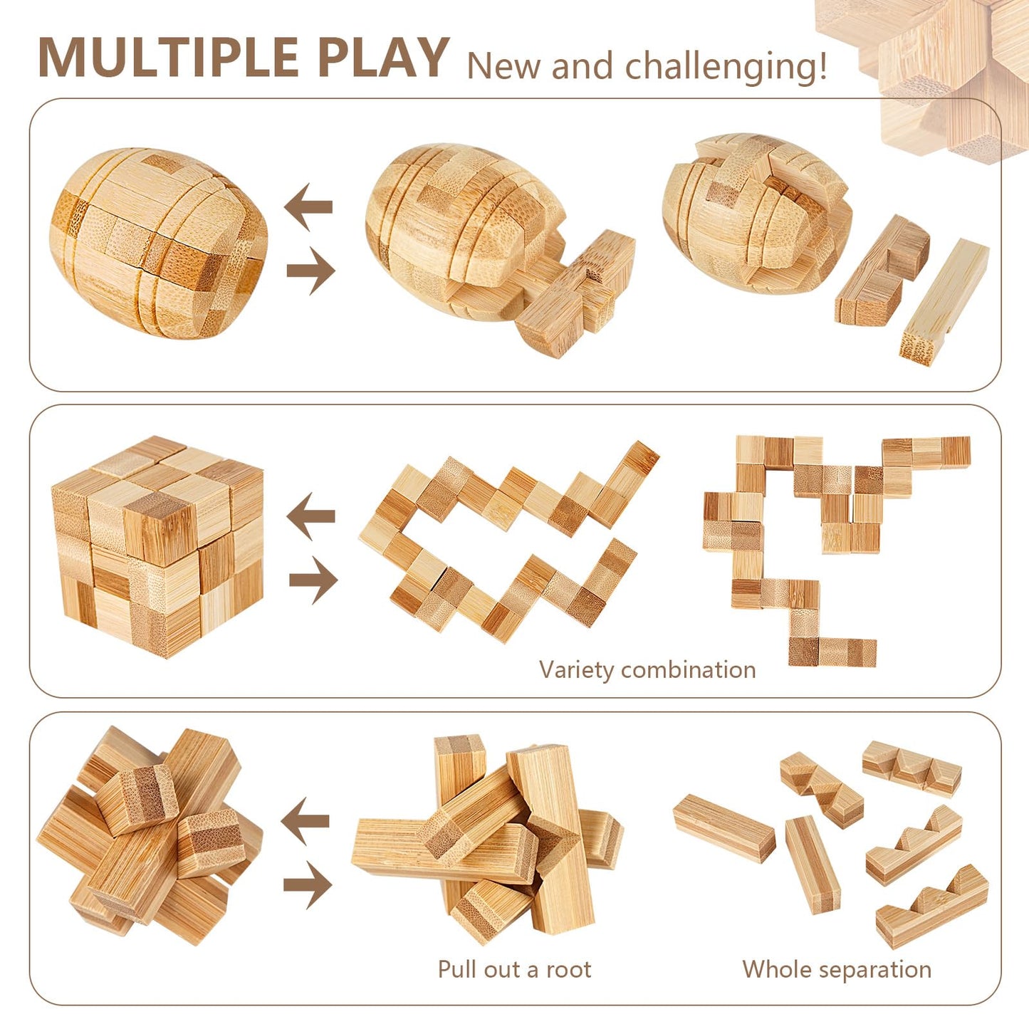 VolksRose 15pc Wooden Brain Teaser Puzzles – 3D Interlocking Mind Games Gift Set