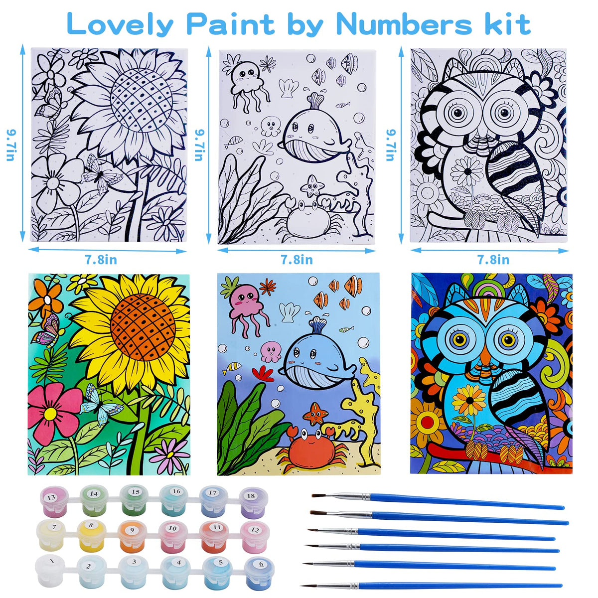Volmop 3-Pack Paint by Numbers Kit for Kids 8-12 — 3 Framed Canvases, 18 Paint Pots, 6 Brushes