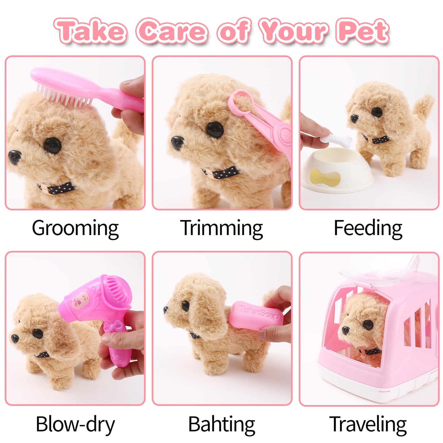 Volmop 14PCS Interactive Plush Puppy Toy Set for Kids – Walking, Barking Puppy with Carrier & Accessories