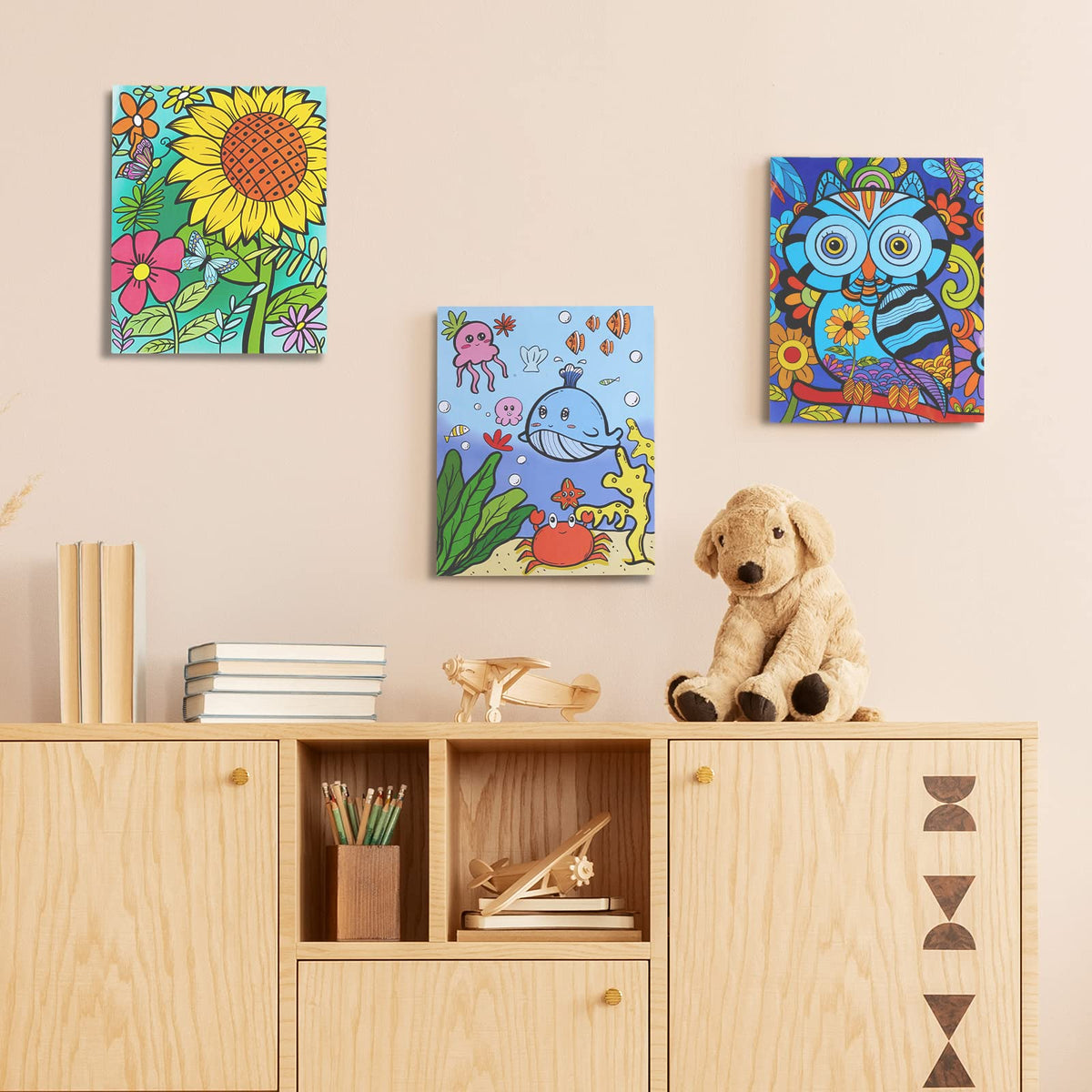 Volmop 3-Pack Paint by Numbers Kit for Kids 8-12 — 3 Framed Canvases, 18 Paint Pots, 6 Brushes
