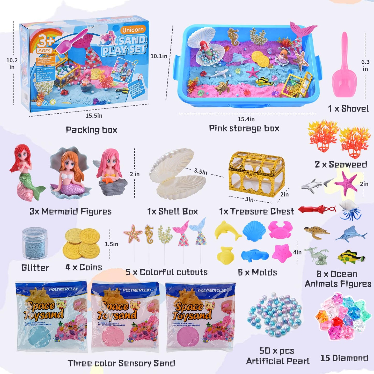 Volmop Sensory Bin for Girls – Mermaid Sand Art Kit with Sandbox (3.3 lb Color Sand) Gift for Ages 3–8