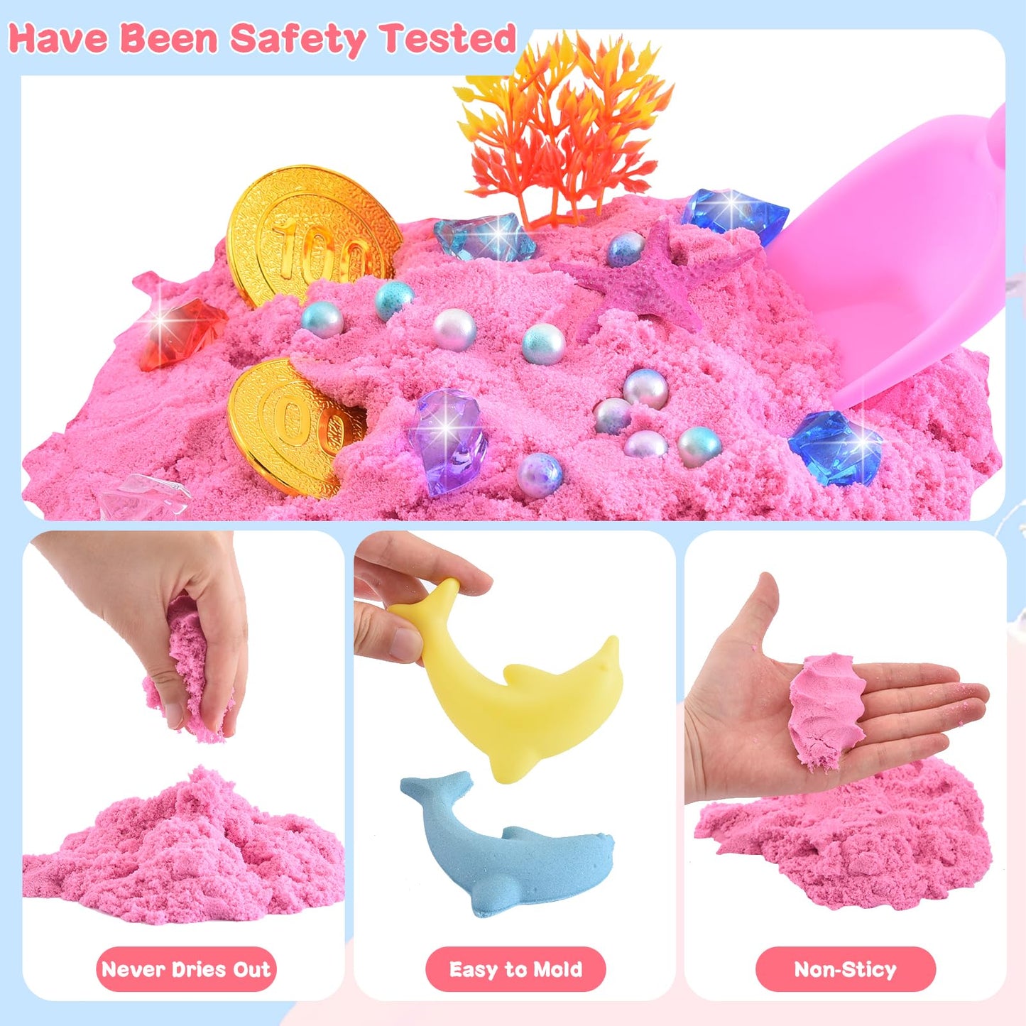 Volmop Sensory Bin for Girls – Mermaid Sand Art Kit with Sandbox (3.3 lb Color Sand) Gift for Ages 3–8