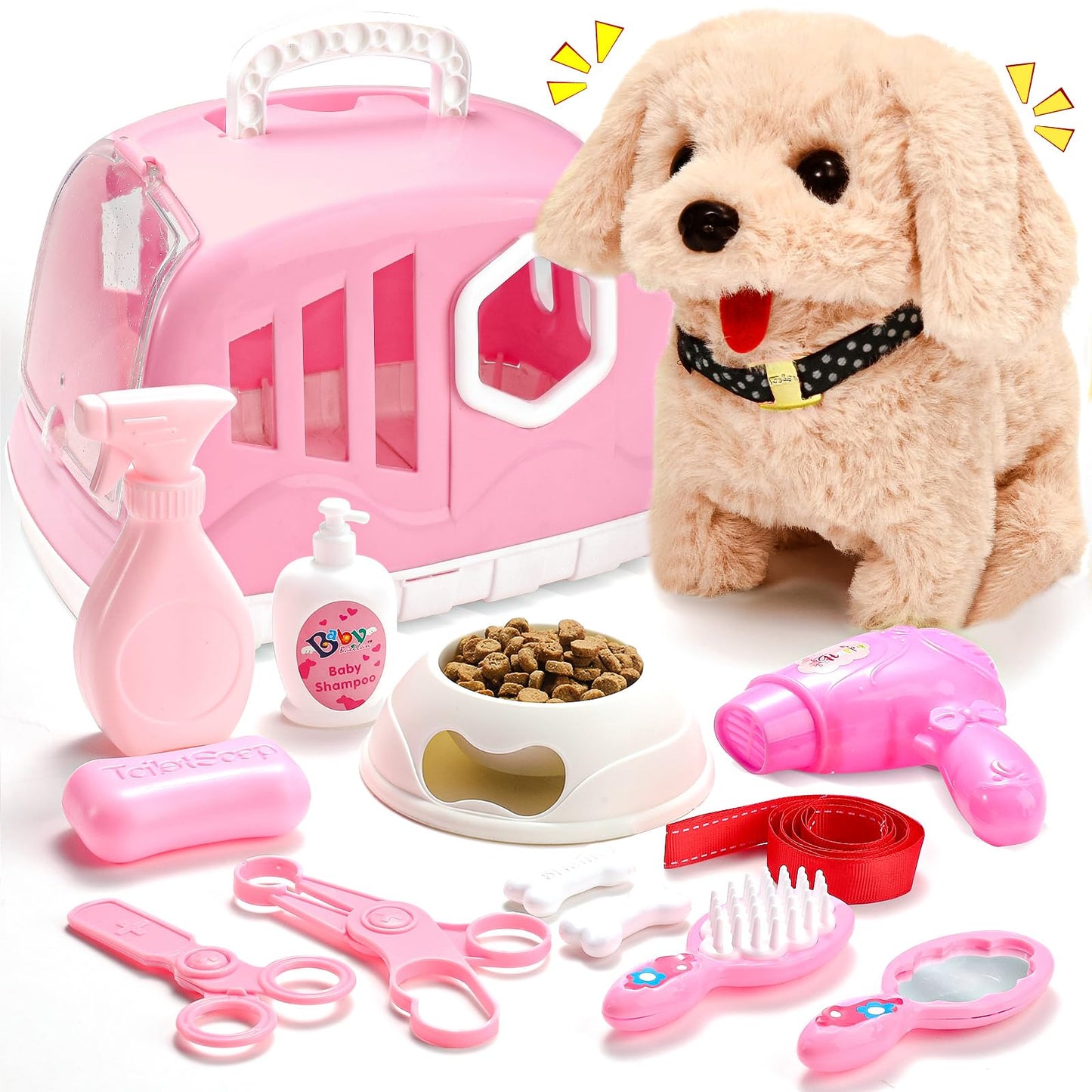 Volmop 14PCS Interactive Plush Puppy Toy Set for Kids – Walking, Barking Puppy with Carrier & Accessories