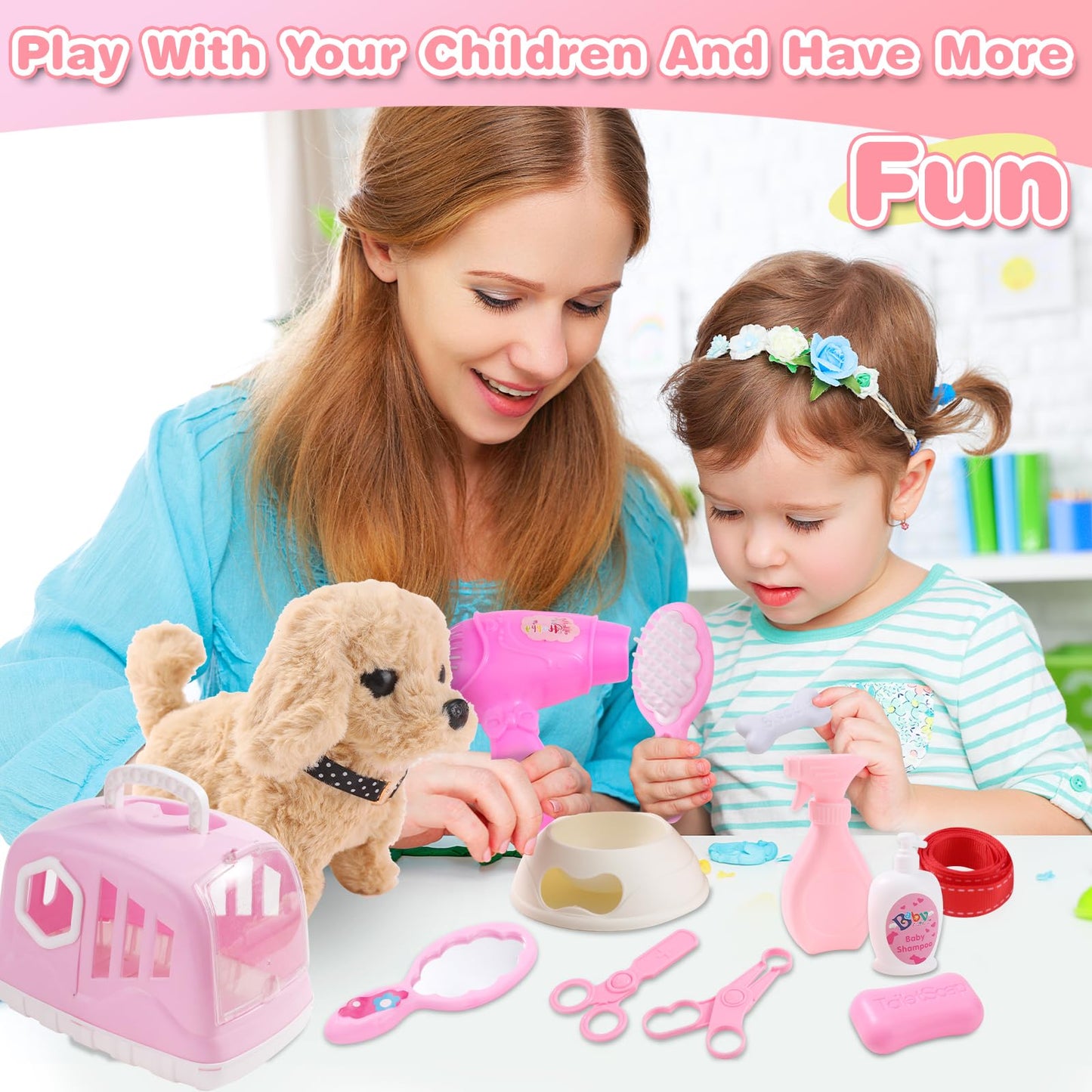 Volmop 14PCS Interactive Plush Puppy Toy Set for Kids – Walking, Barking Puppy with Carrier & Accessories