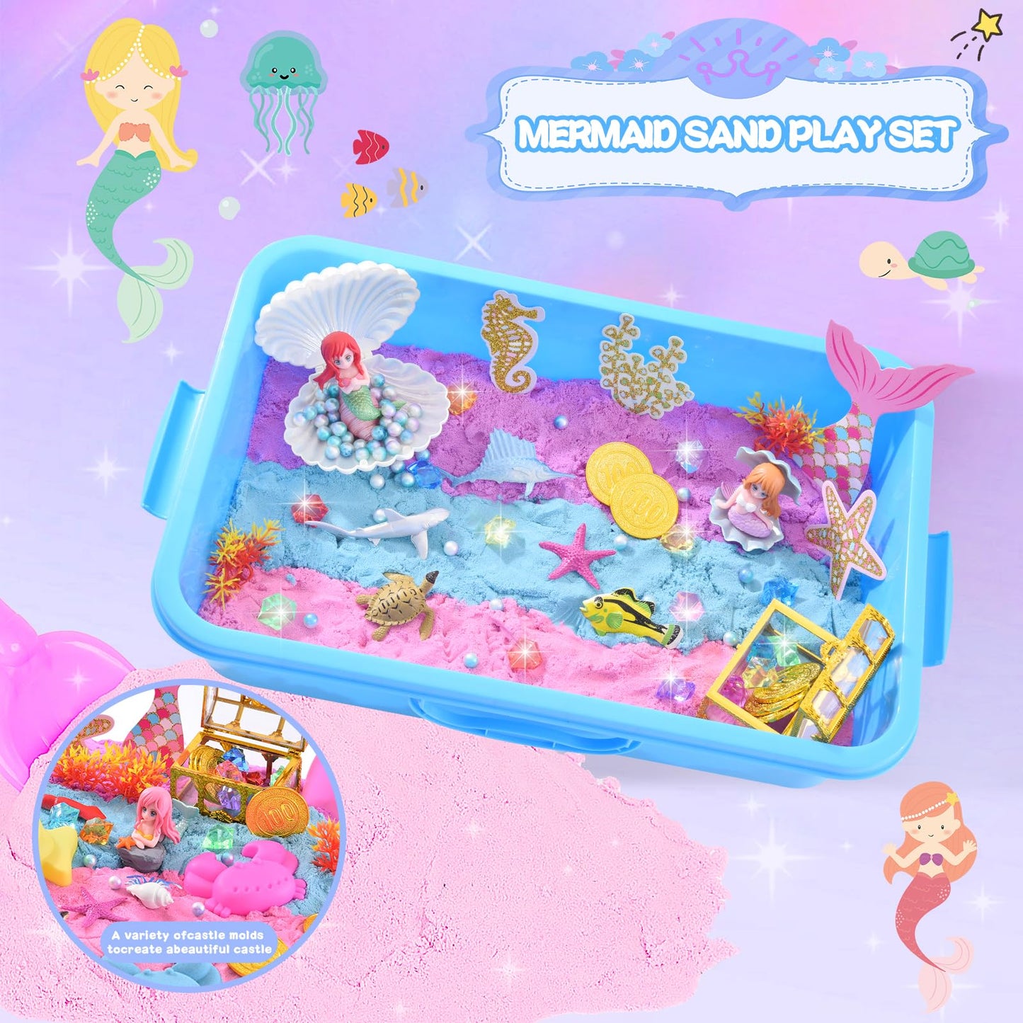 Volmop Sensory Bin for Girls – Mermaid Sand Art Kit with Sandbox (3.3 lb Color Sand) Gift for Ages 3–8