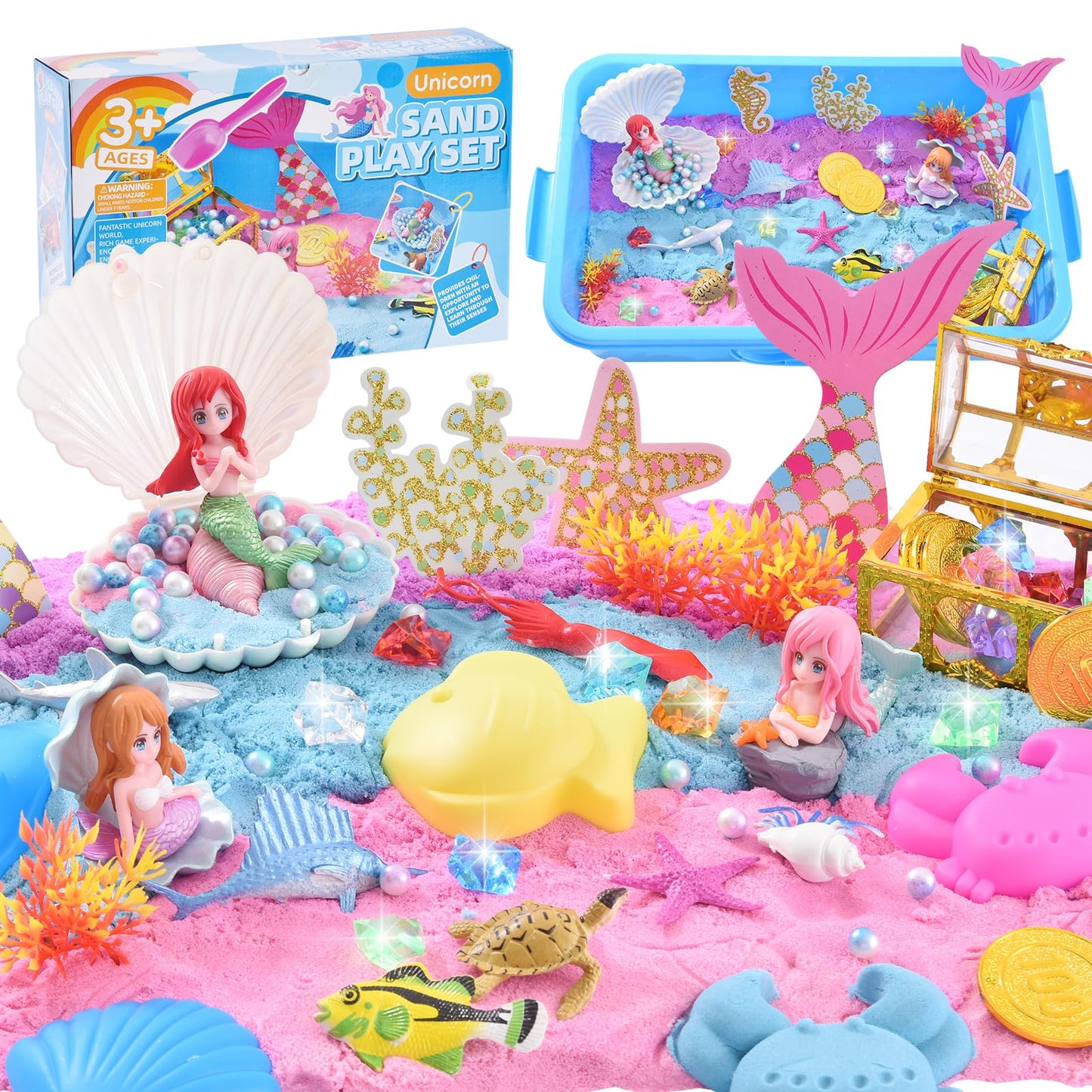 Volmop Sensory Bin for Girls – Mermaid Sand Art Kit with Sandbox (3.3 lb Color Sand) Gift for Ages 3–8