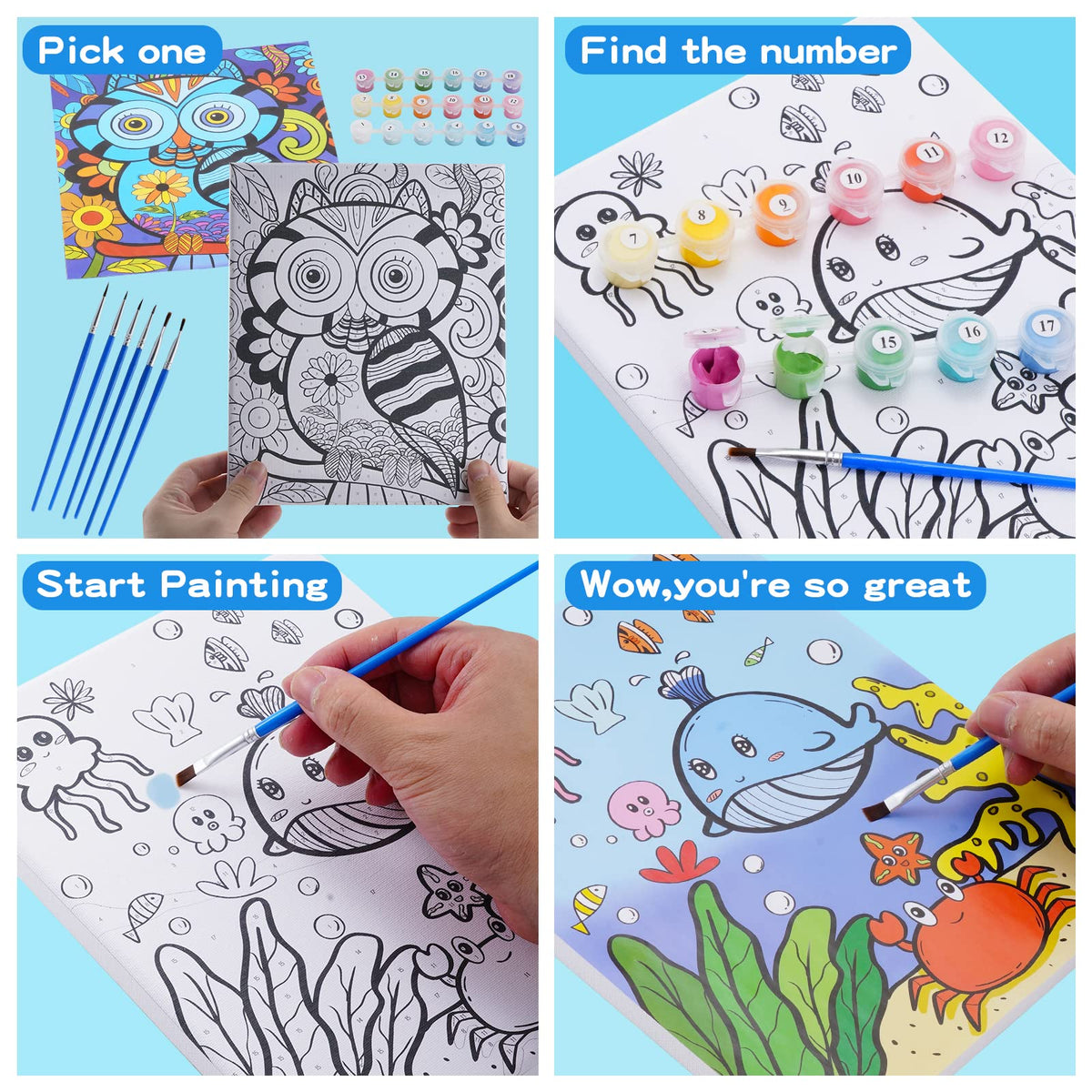 Volmop 3-Pack Paint by Numbers Kit for Kids 8-12 — 3 Framed Canvases, 18 Paint Pots, 6 Brushes