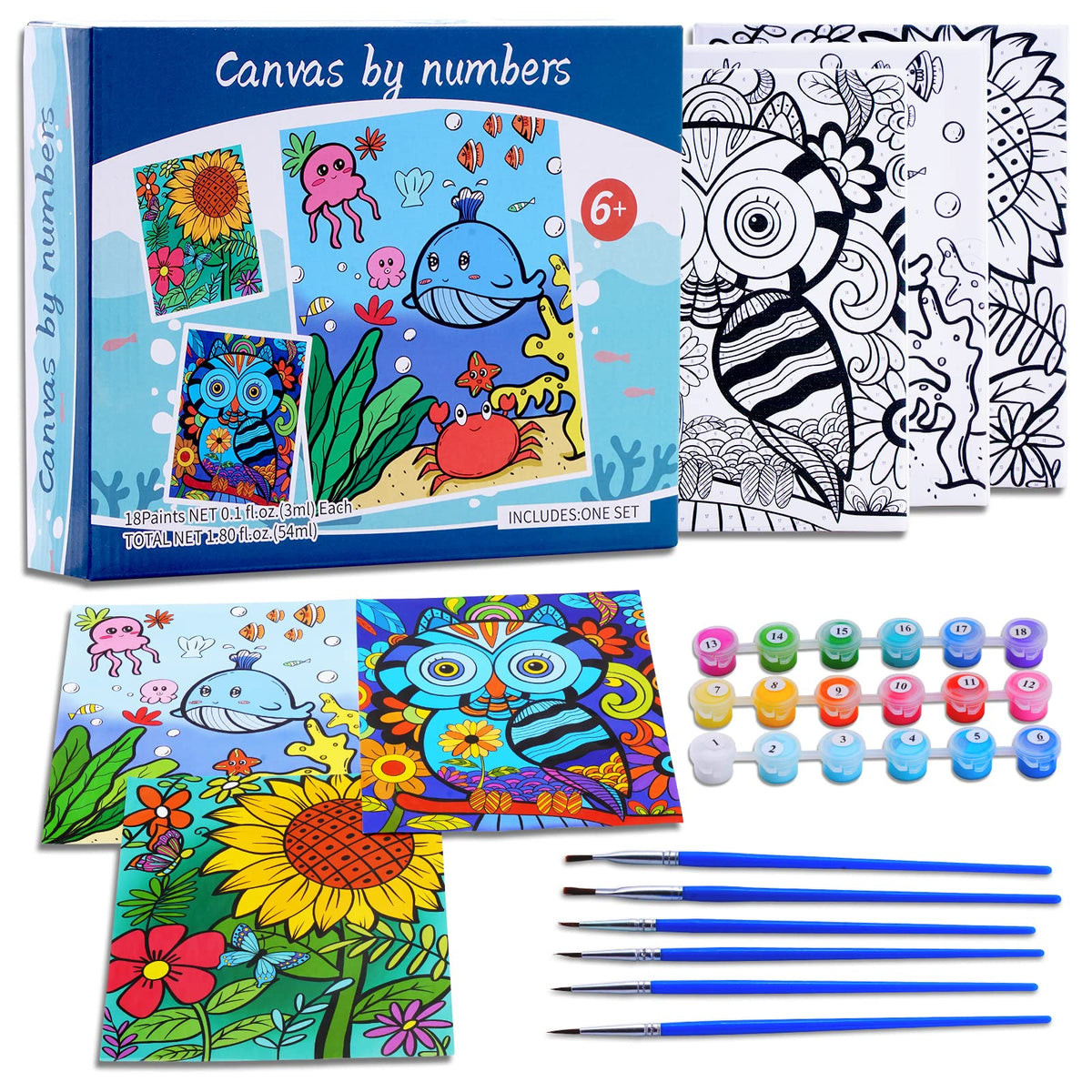 Volmop 3-Pack Paint by Numbers Kit for Kids 8-12 — 3 Framed Canvases, 18 Paint Pots, 6 Brushes