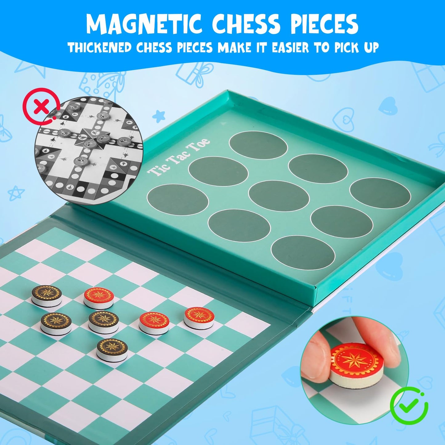 VOLSION 2-in-1 Magnetic Checkers & Tic-Tac-Toe Board Game | Travel-Friendly for Kids 3+