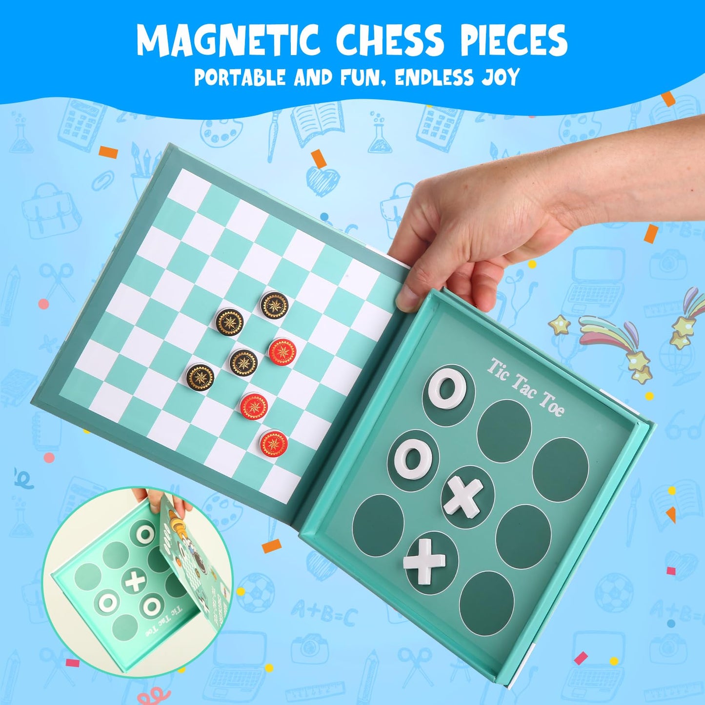 VOLSION 2-in-1 Magnetic Checkers & Tic-Tac-Toe Board Game | Travel-Friendly for Kids 3+