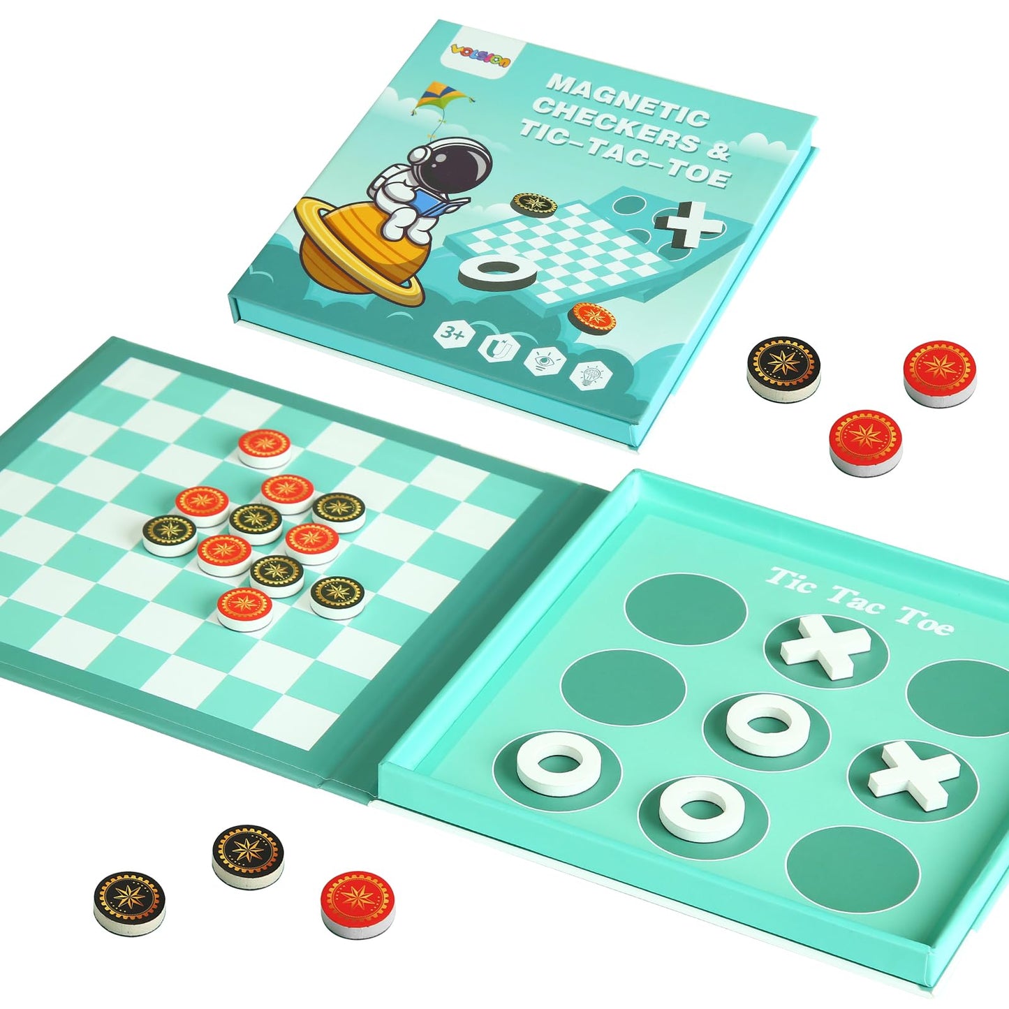 VOLSION 2-in-1 Magnetic Checkers & Tic-Tac-Toe Board Game | Travel-Friendly for Kids 3+