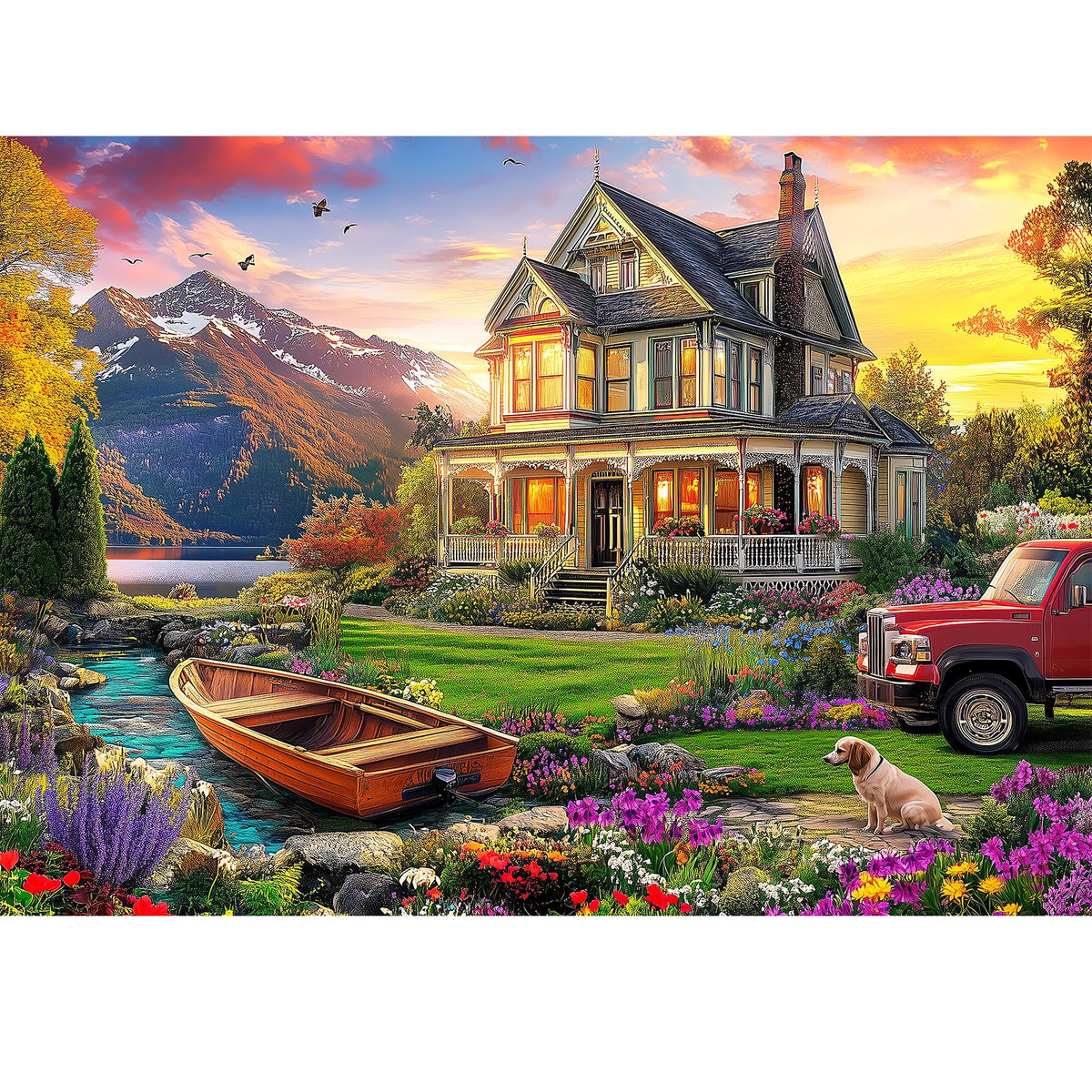 VOLUVOLU 1000 Piece Autumn Landscape Puzzle – Villa, Dogs & Sunlit Mountains (28×20 in) | Jigsaw for Adults & Kids