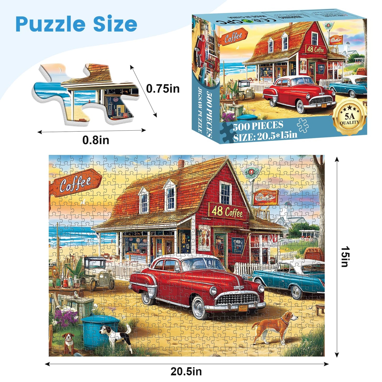 VOLUVOLU 500-Piece Landscape Puzzle – Ocean Coffee Shop Scene, Gift for Adults, Home Decor (20.5 x 15 in)