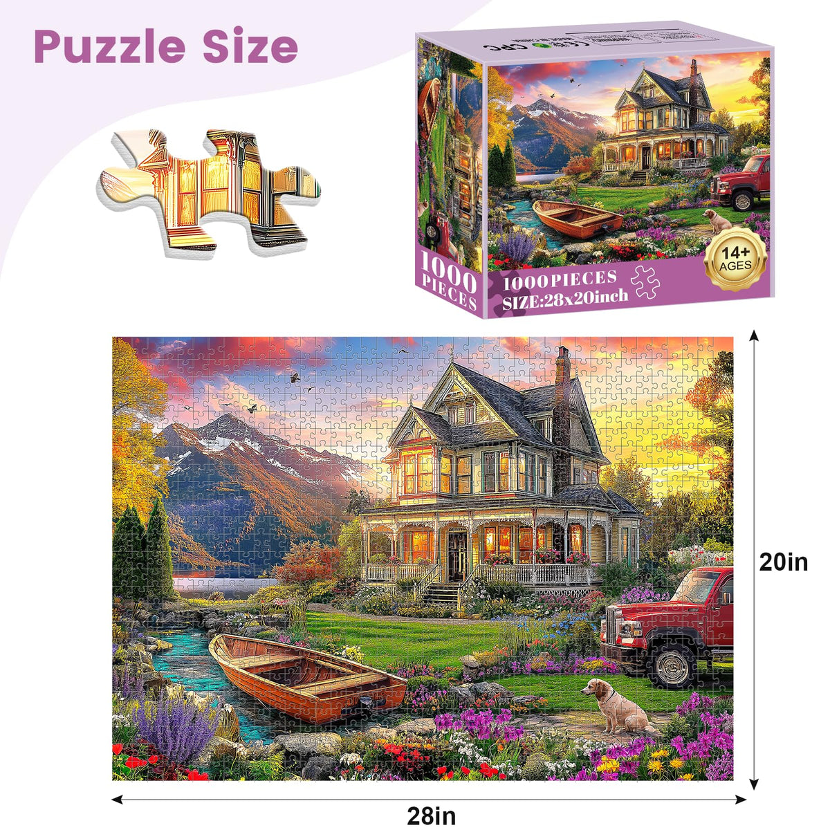 VOLUVOLU 1000 Piece Autumn Landscape Puzzle – Villa, Dogs & Sunlit Mountains (28×20 in) | Jigsaw for Adults & Kids