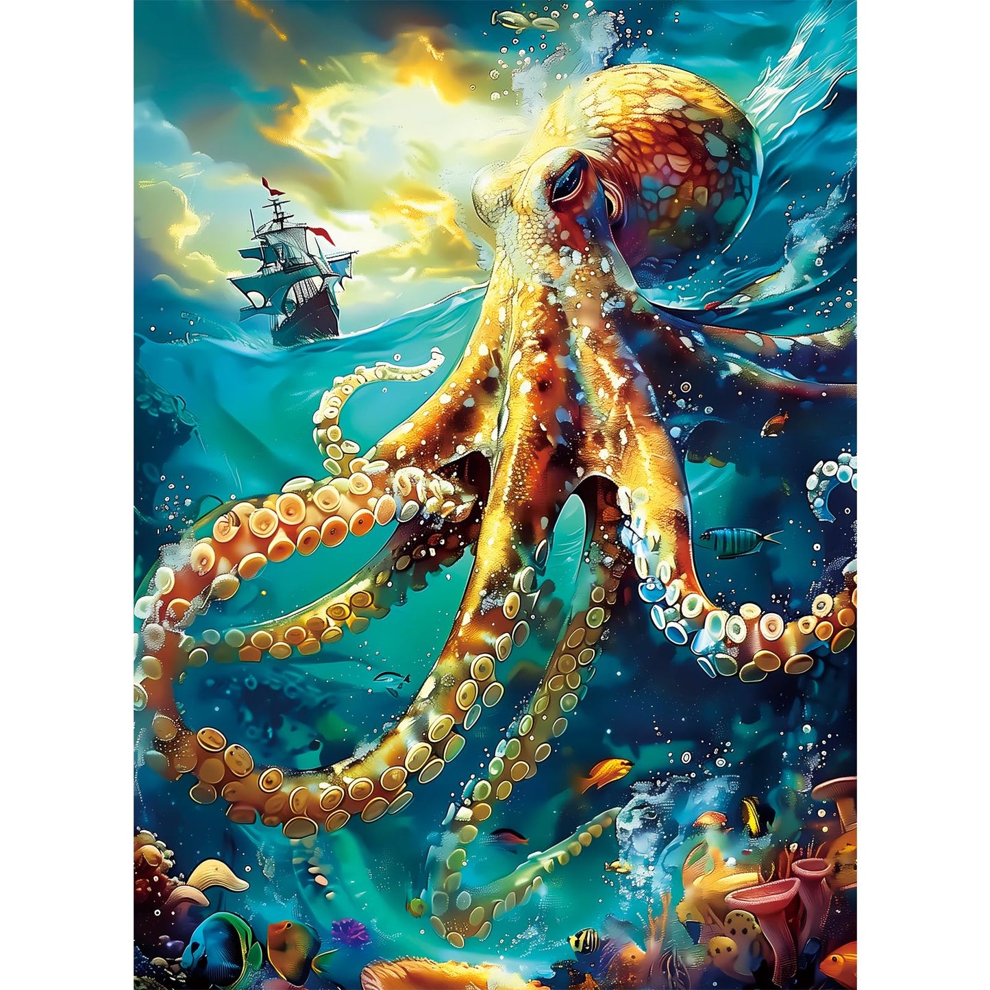 VOLUVOLU 300 Piece Ocean Puzzle for Adults — Sailboat & Octopus Jigsaw with Poster Included & Mesh Storage Bag