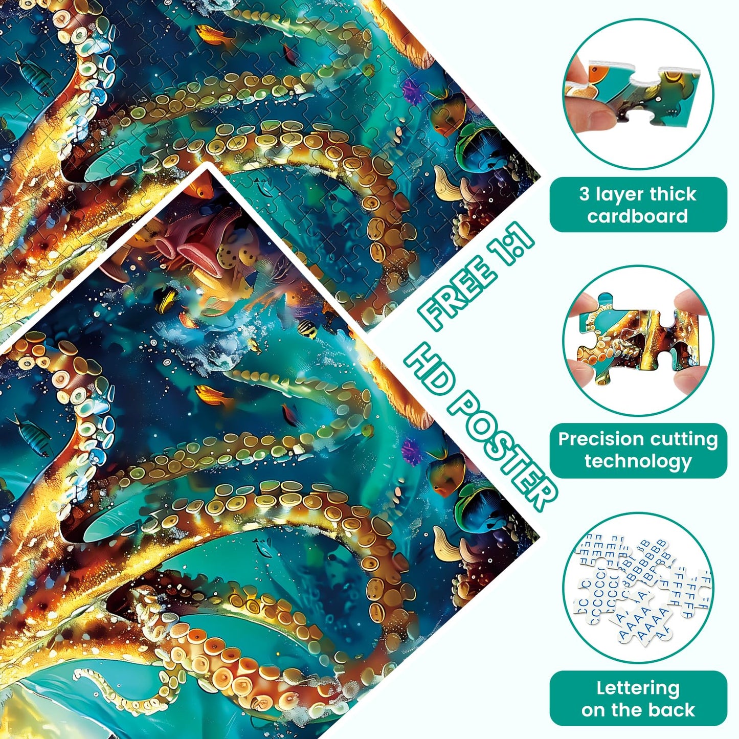 VOLUVOLU 300 Piece Ocean Puzzle for Adults — Sailboat & Octopus Jigsaw with Poster Included & Mesh Storage Bag