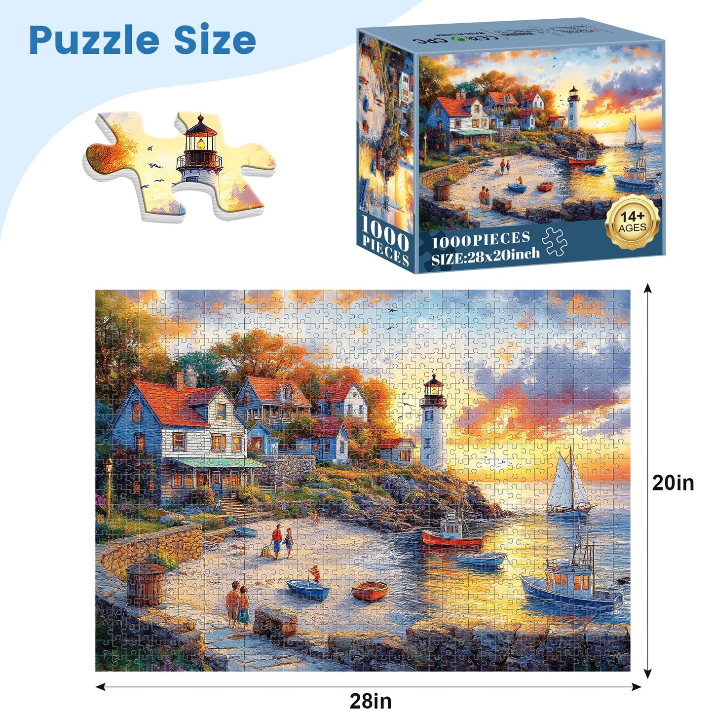 VOLUVOLU 1000-Piece Fall Seaside Puzzle for Adults | Fishing Village Jigsaw 28x20 in