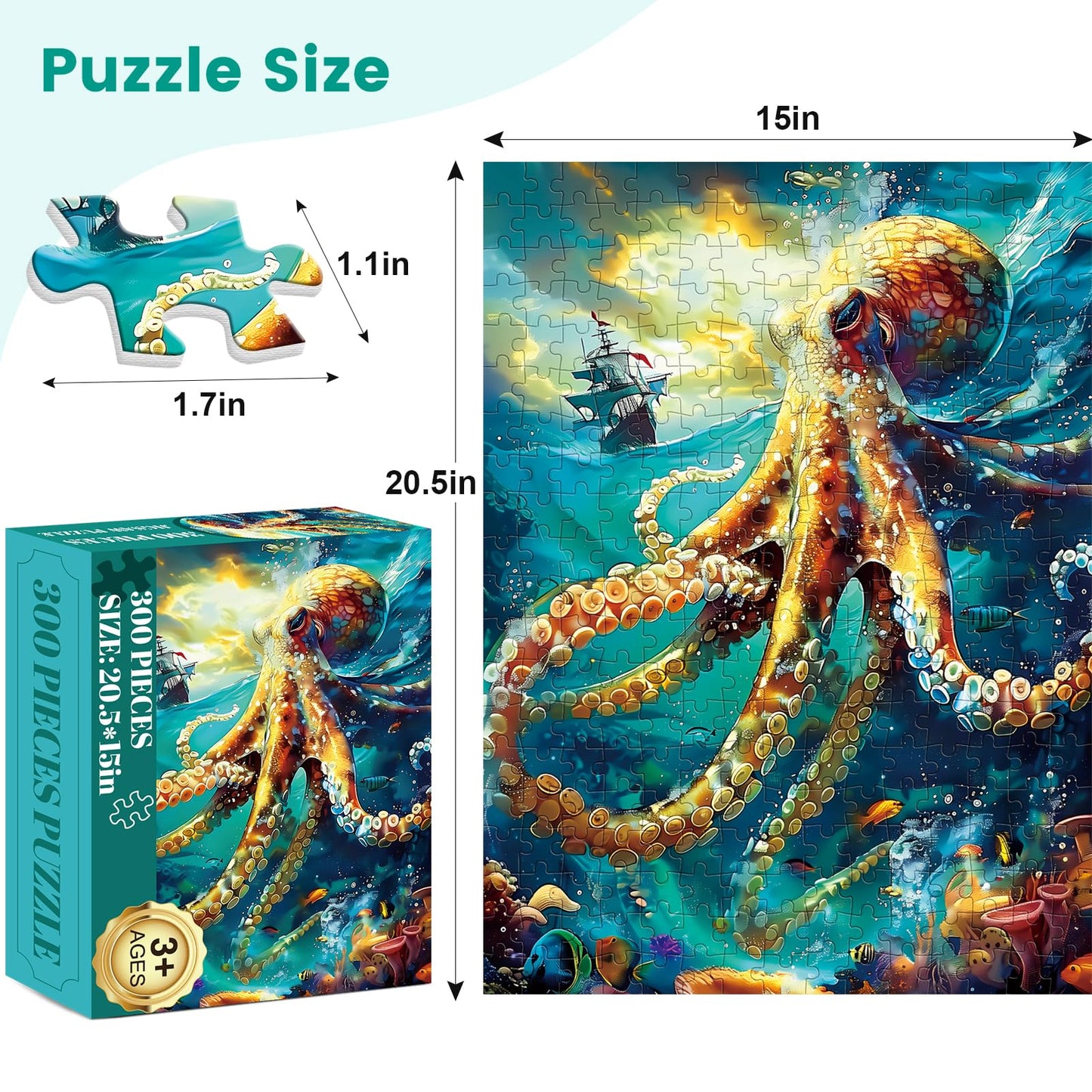 VOLUVOLU 300 Piece Ocean Puzzle for Adults — Sailboat & Octopus Jigsaw with Poster Included & Mesh Storage Bag