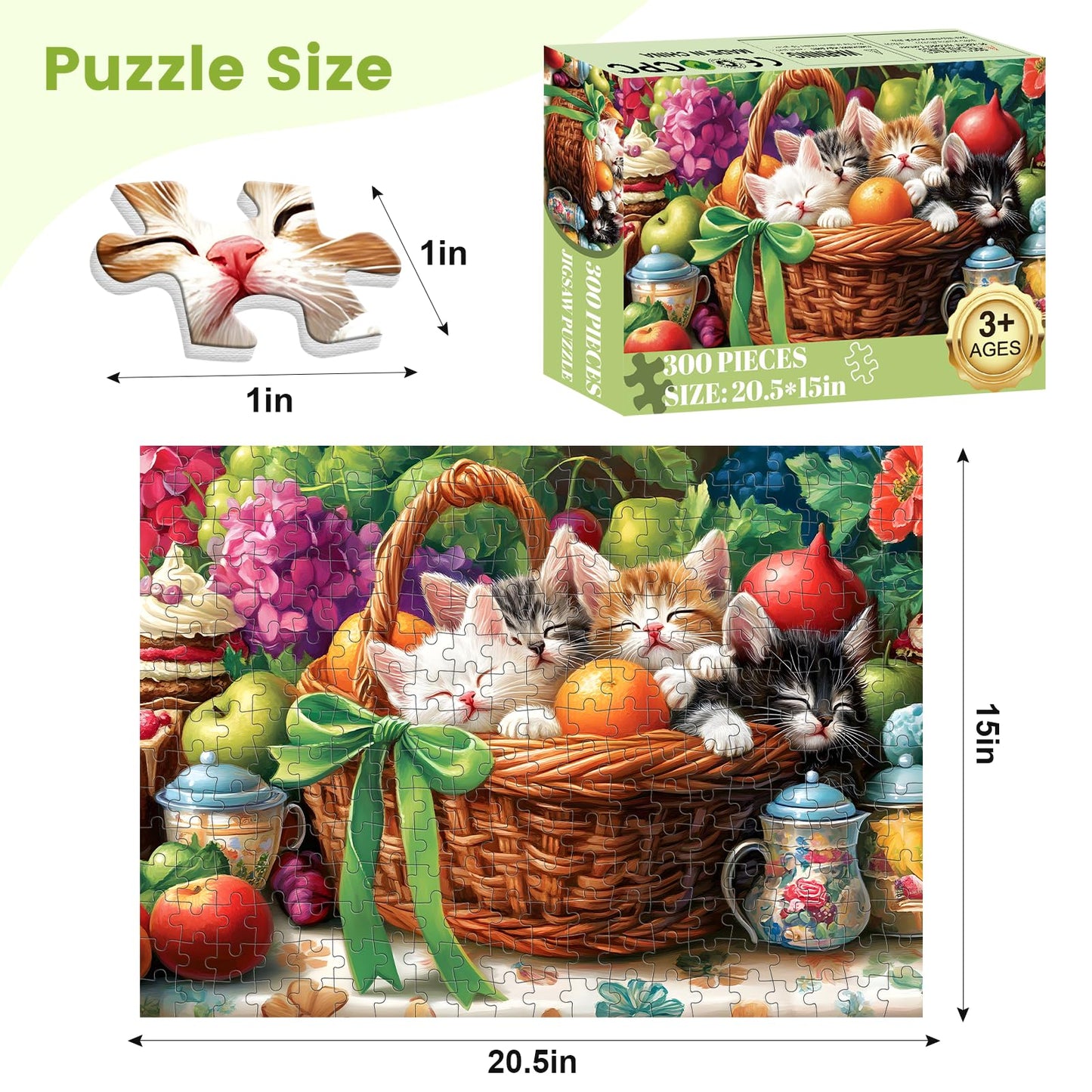 VOLUVOLU 300-Piece Cat & Fruit Basket Jigsaw Puzzle for Adults – Fun Animal Puzzle Gift
