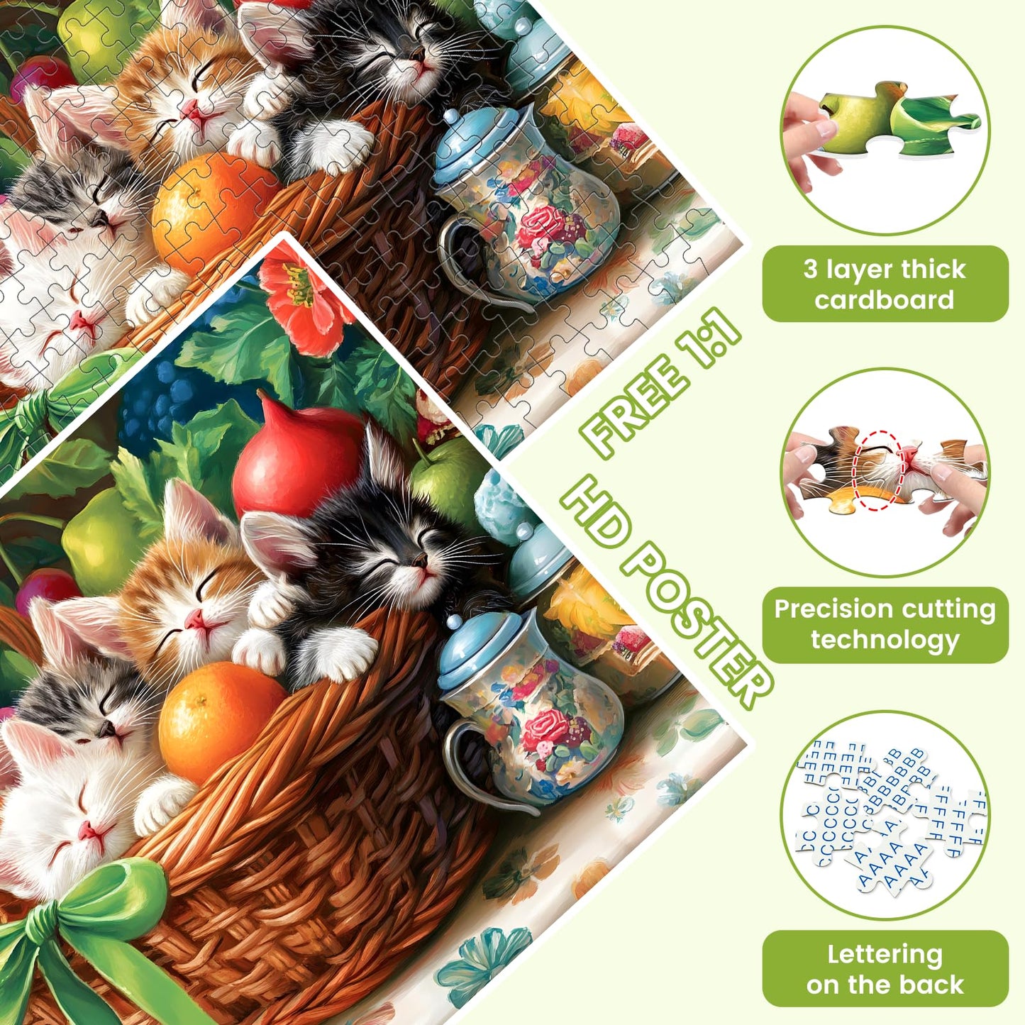 VOLUVOLU 300-Piece Cat & Fruit Basket Jigsaw Puzzle for Adults – Fun Animal Puzzle Gift