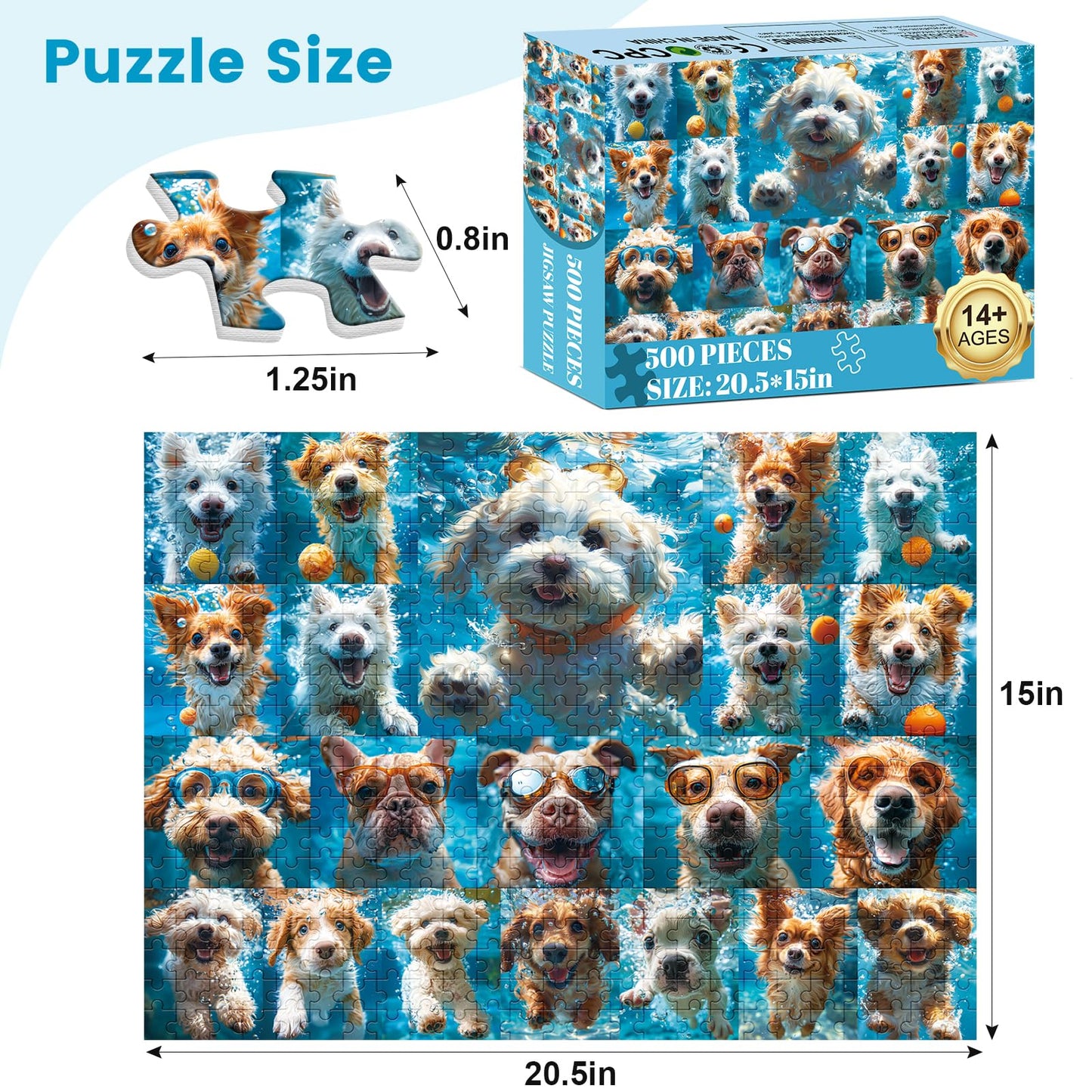 VOLUVOLU 500 Piece Puzzle for Adults – Funny Puppy & Underwater Dogs (20.5×15 in)