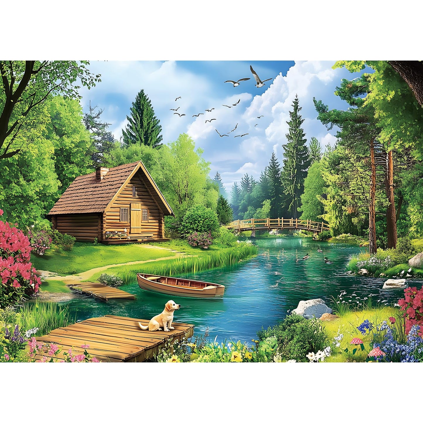 VOLUVOLU 1000 Piece Puzzles for Adults – Spring & Summer Landscape with Wooden Cabin & Dogs