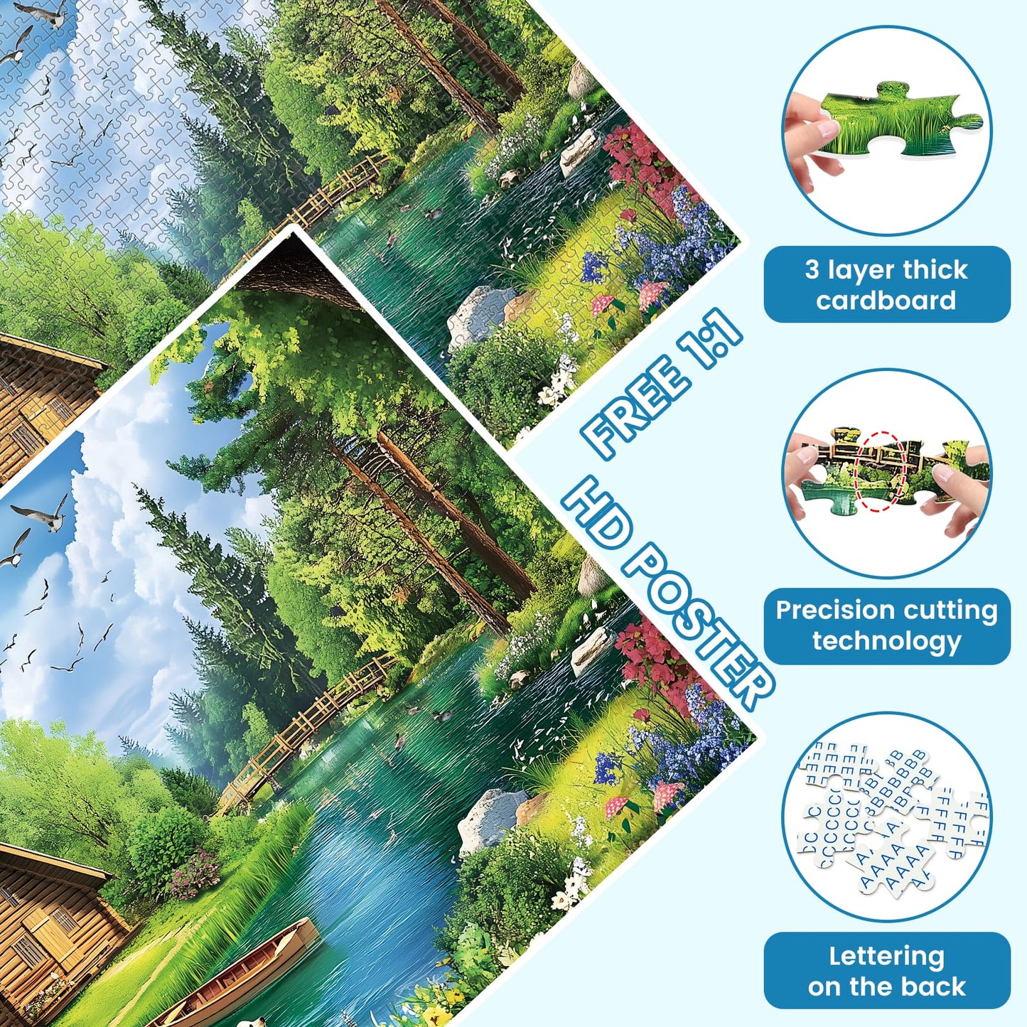 VOLUVOLU 1000 Piece Puzzles for Adults – Spring & Summer Landscape with Wooden Cabin & Dogs