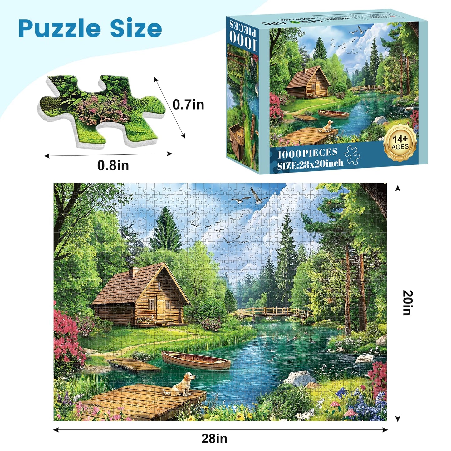 VOLUVOLU 1000 Piece Puzzles for Adults – Spring & Summer Landscape with Wooden Cabin & Dogs