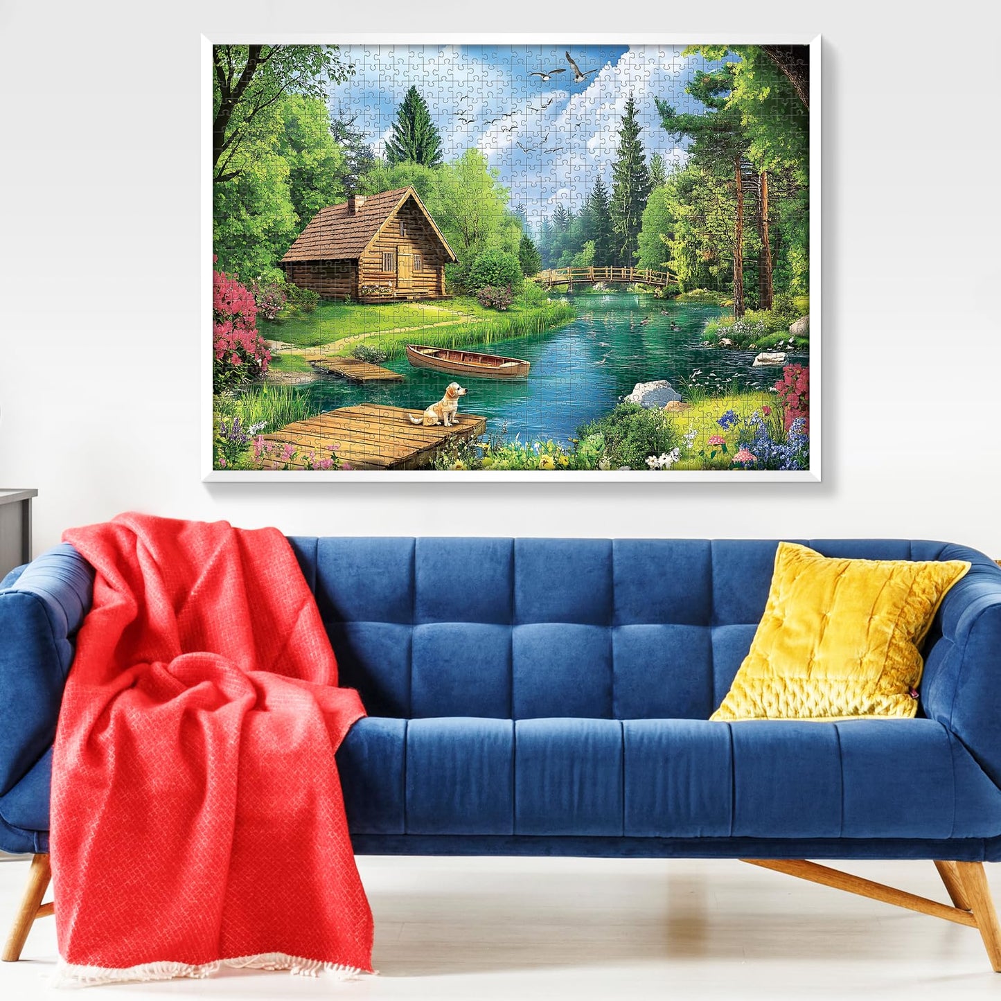 VOLUVOLU 1000 Piece Puzzles for Adults – Spring & Summer Landscape with Wooden Cabin & Dogs