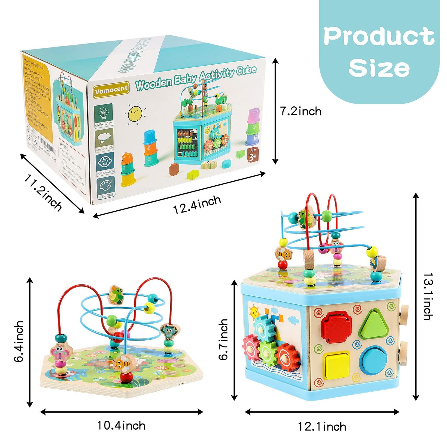 Vomocent Wooden Activity Cube for Toddlers 12–36 Months | Educational Montessori Toy