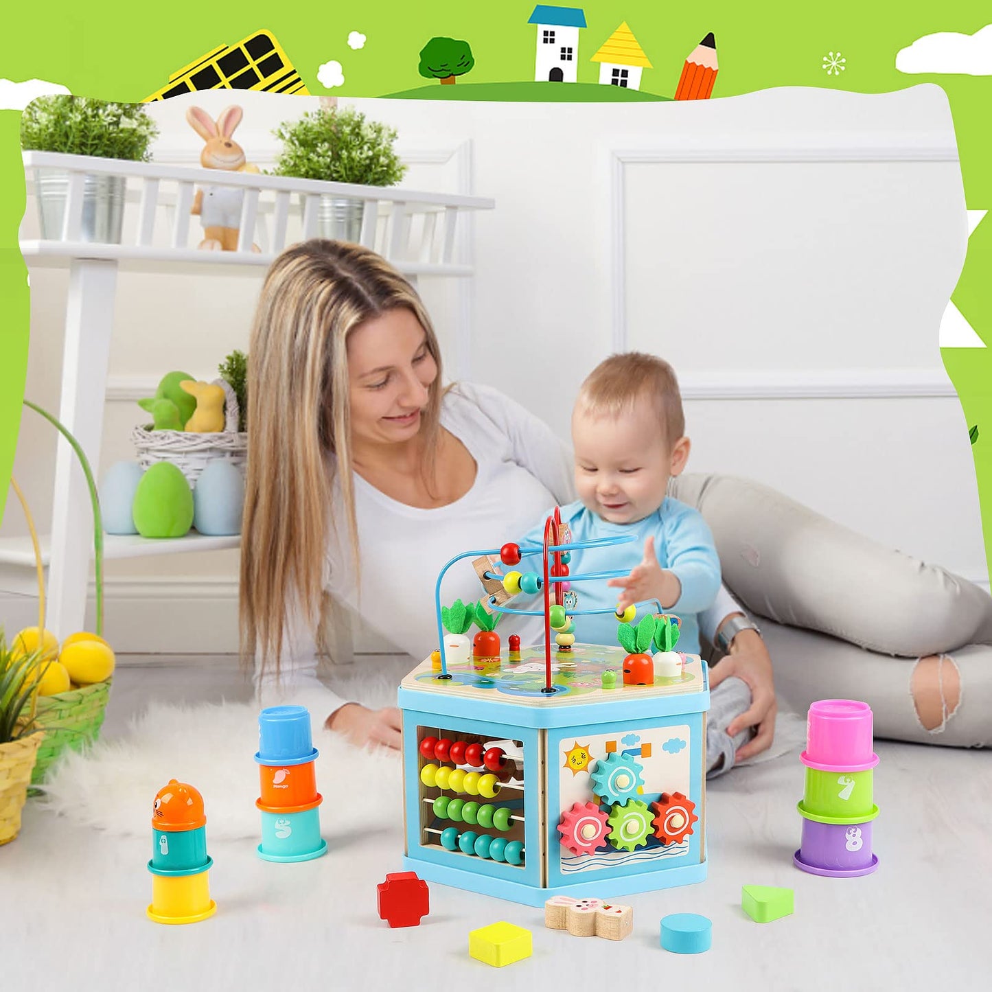 Vomocent Wooden Activity Cube for Toddlers 12–36 Months | Educational Montessori Toy