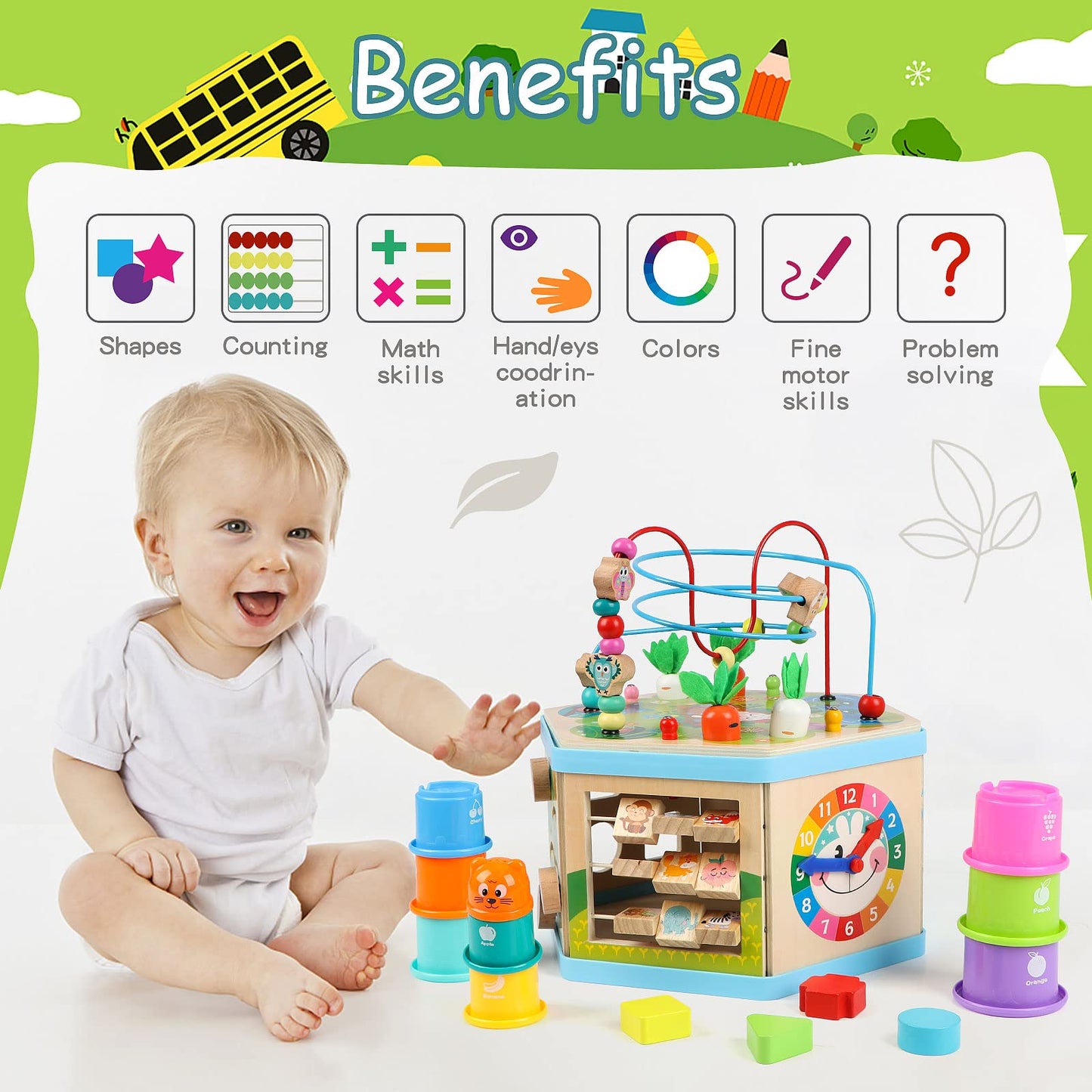 Vomocent Wooden Activity Cube for Toddlers 12–36 Months | Educational Montessori Toy