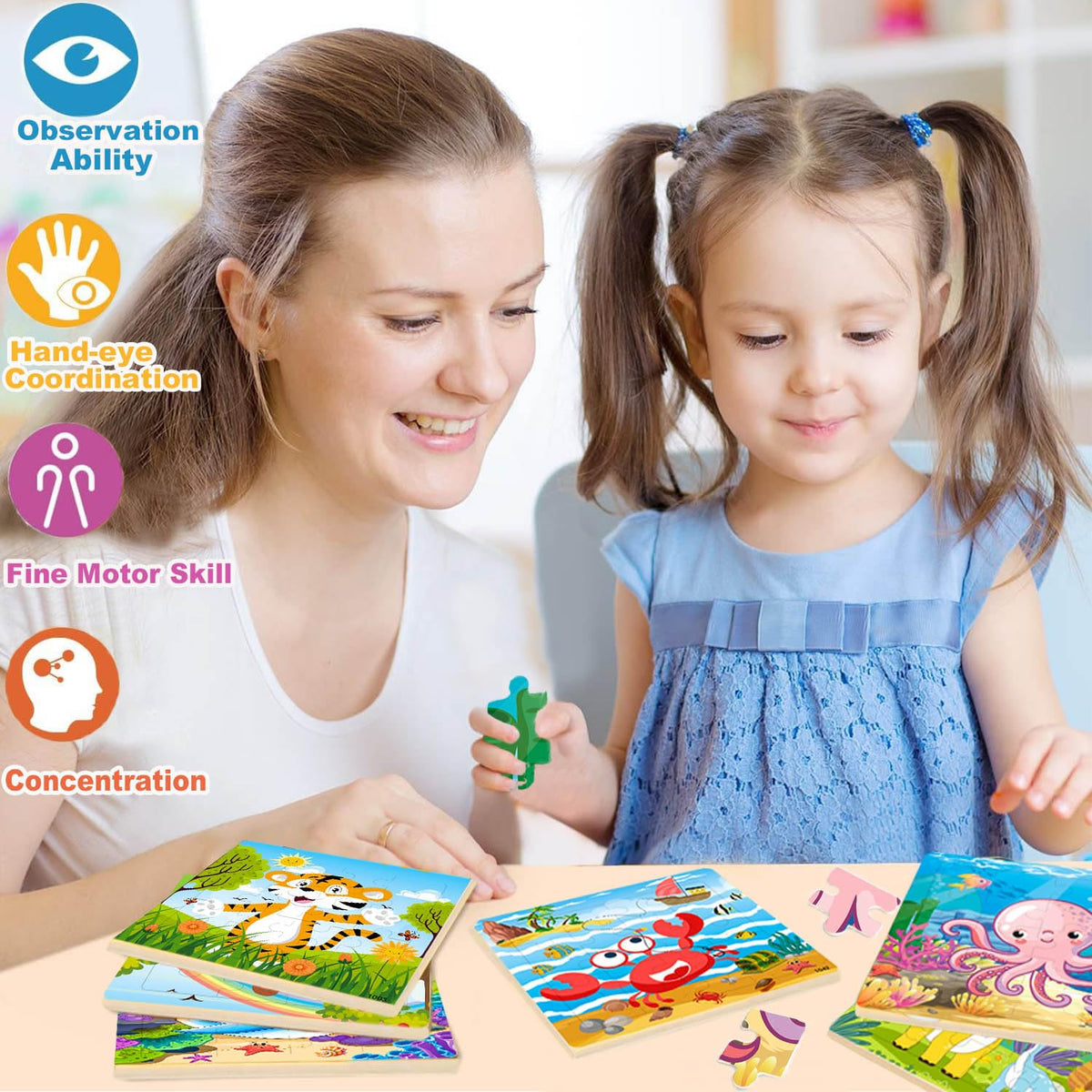 VOMYOZB 10-Pack Wooden Puzzles for Kids Aged 3-6 — 20-Piece Animal Jigsaws