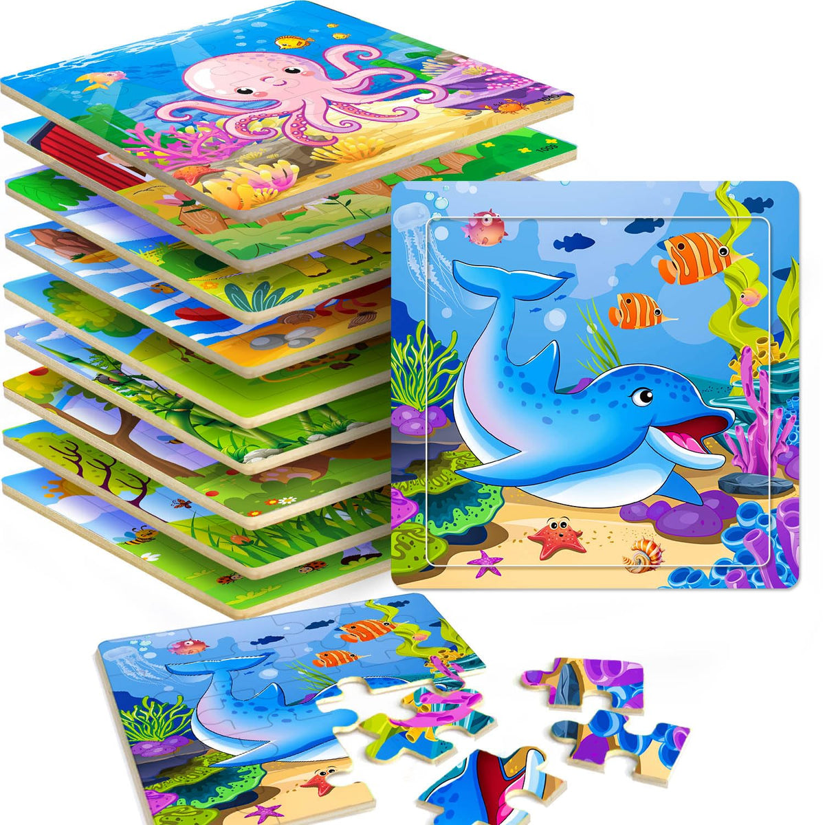 VOMYOZB 10-Pack Wooden Puzzles for Kids Aged 3-6 — 20-Piece Animal Jigsaws