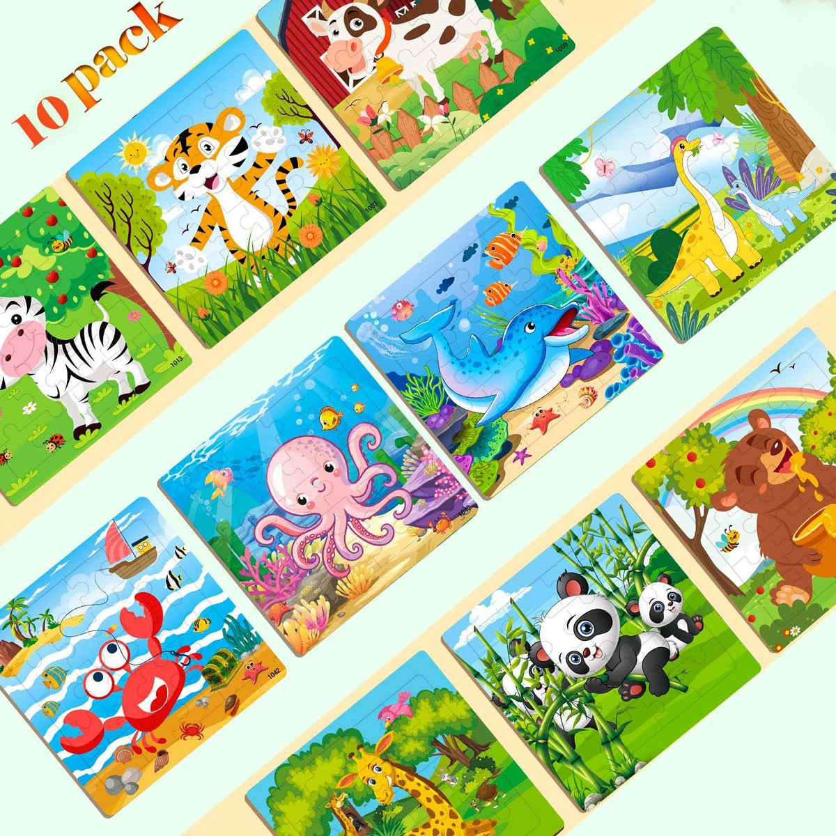 VOMYOZB 10-Pack Wooden Puzzles for Kids Aged 3-6 — 20-Piece Animal Jigsaws