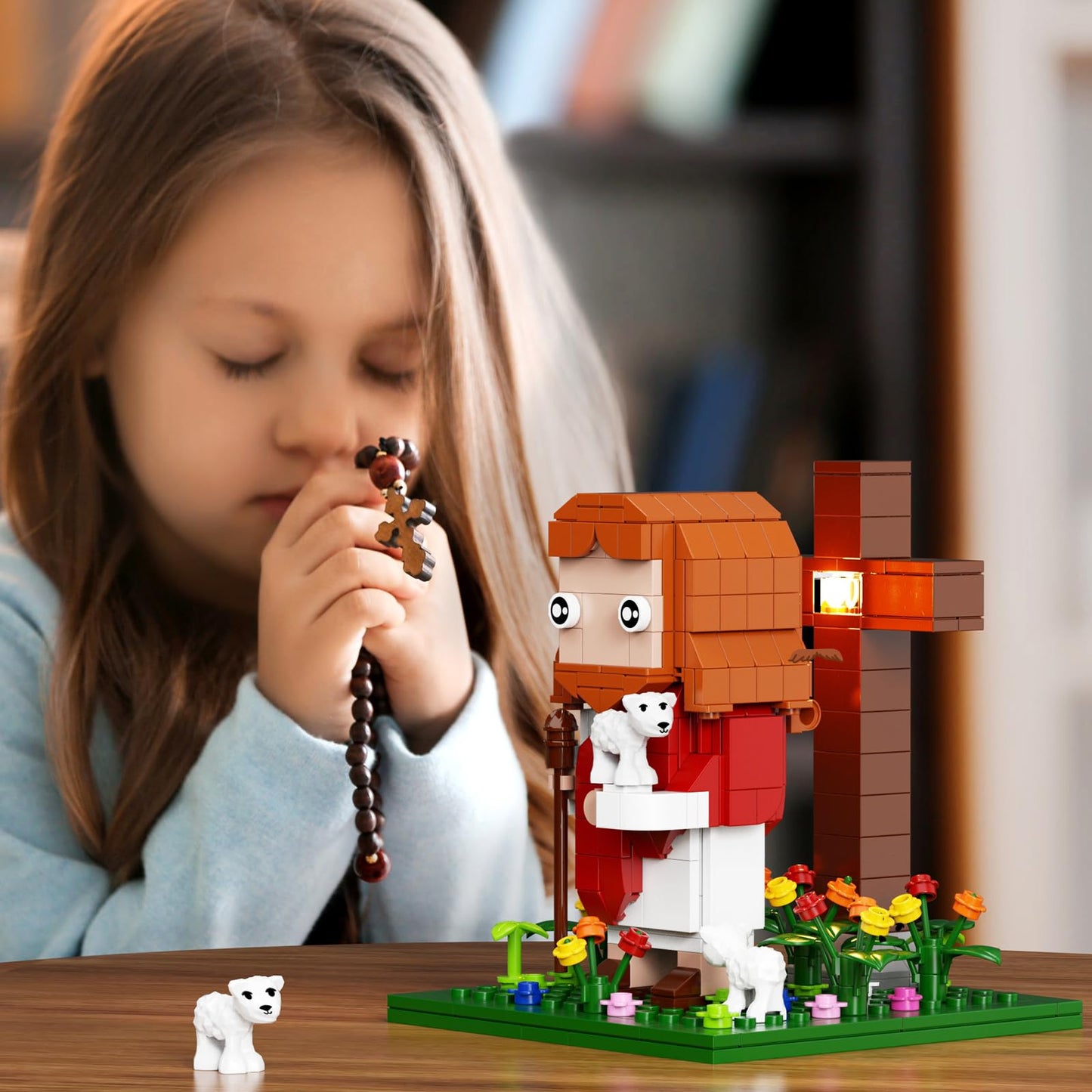VONADO Jesus Building Block Set – The Shepherd God, 324-Piece Lego-Compatible Bible Scene with LED Light