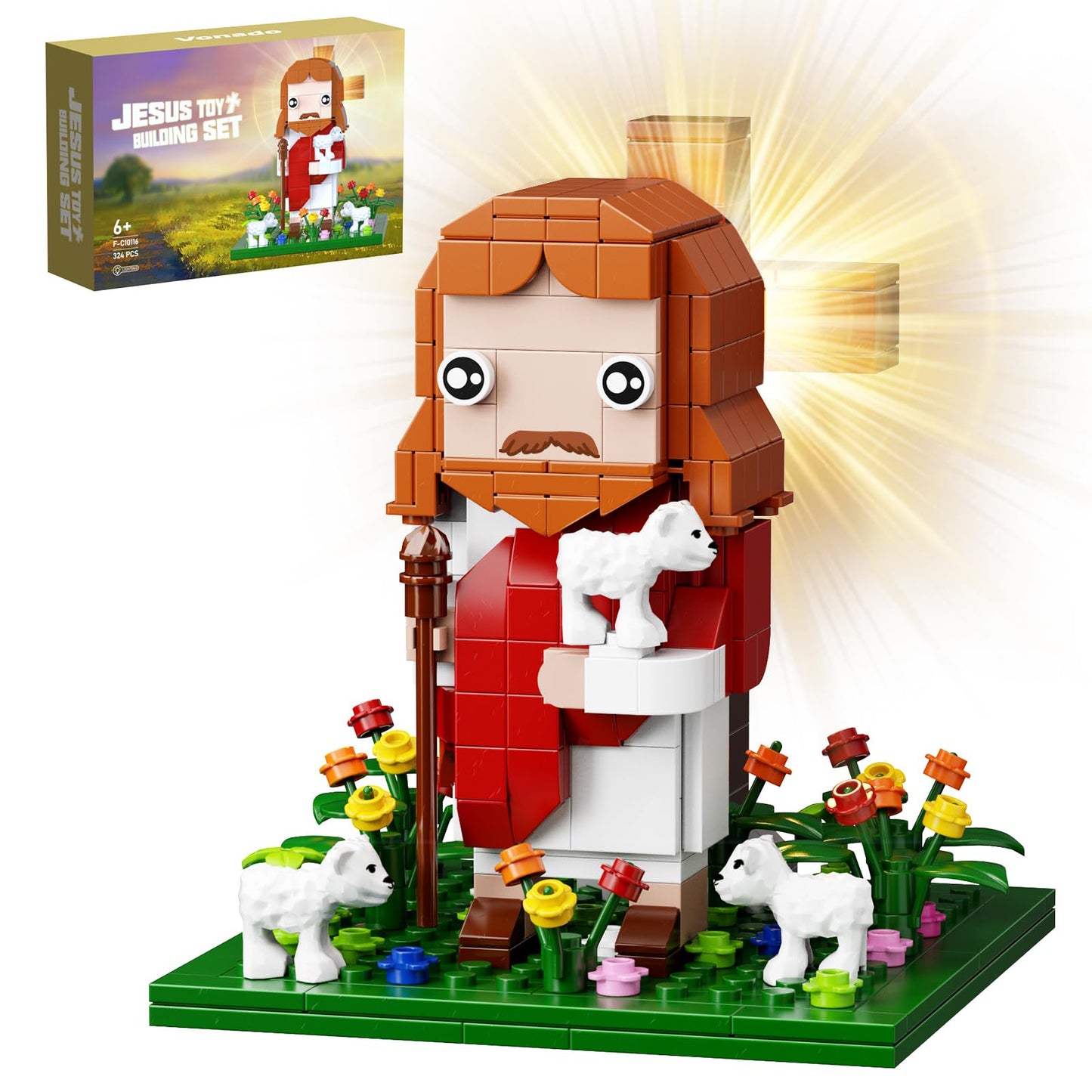 VONADO Jesus Building Block Set – The Shepherd God, 324-Piece Lego-Compatible Bible Scene with LED Light
