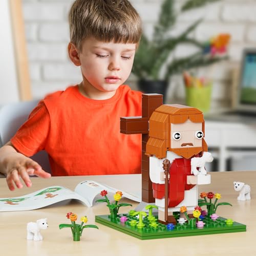 VONADO Jesus Building Block Set – The Shepherd God, 324-Piece Lego-Compatible Bible Scene with LED Light