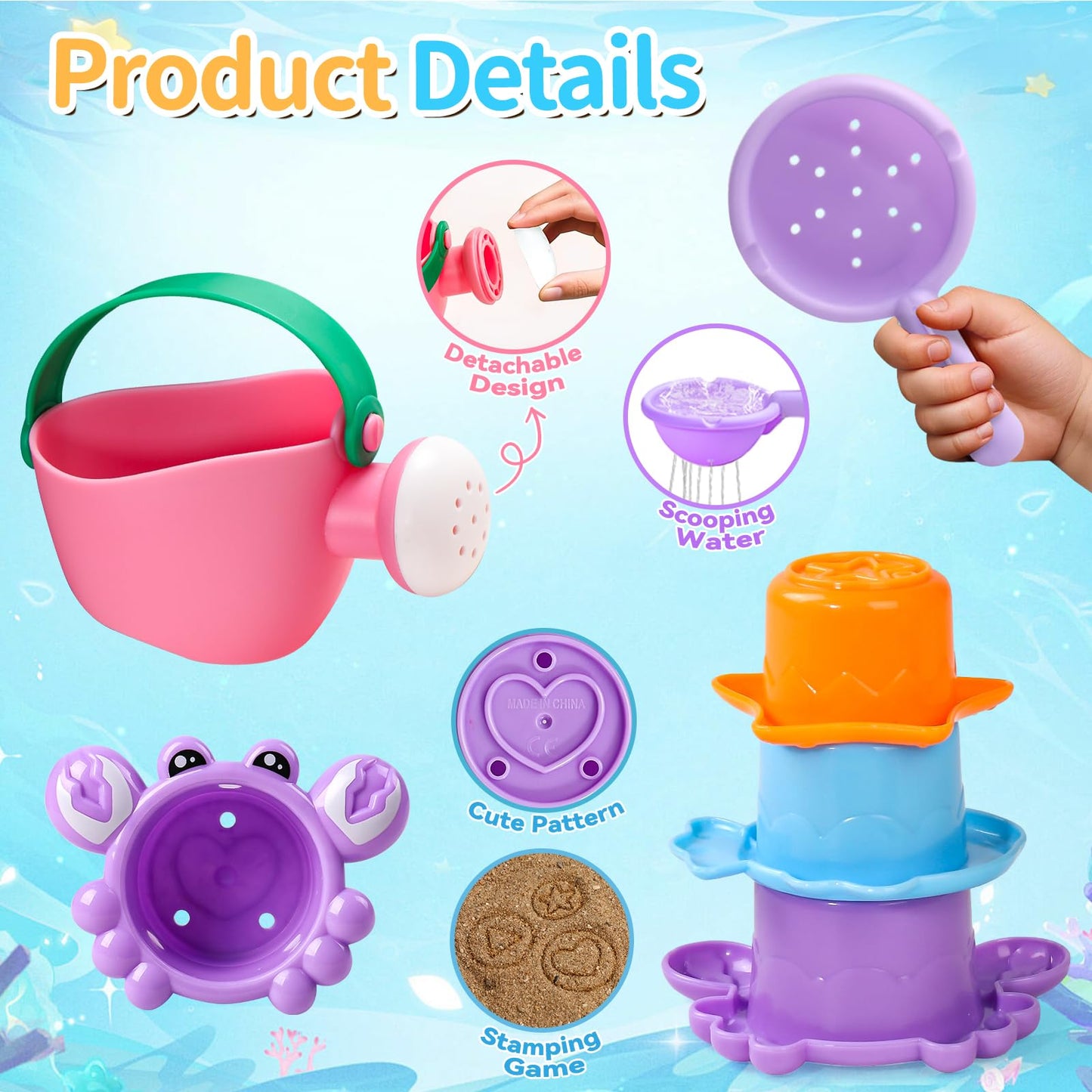 Voohek Toddler Bath Toys – 10-Piece Mold-Free Set for Ages 1-3 | Stacking Cups, Ducks & Water Play
