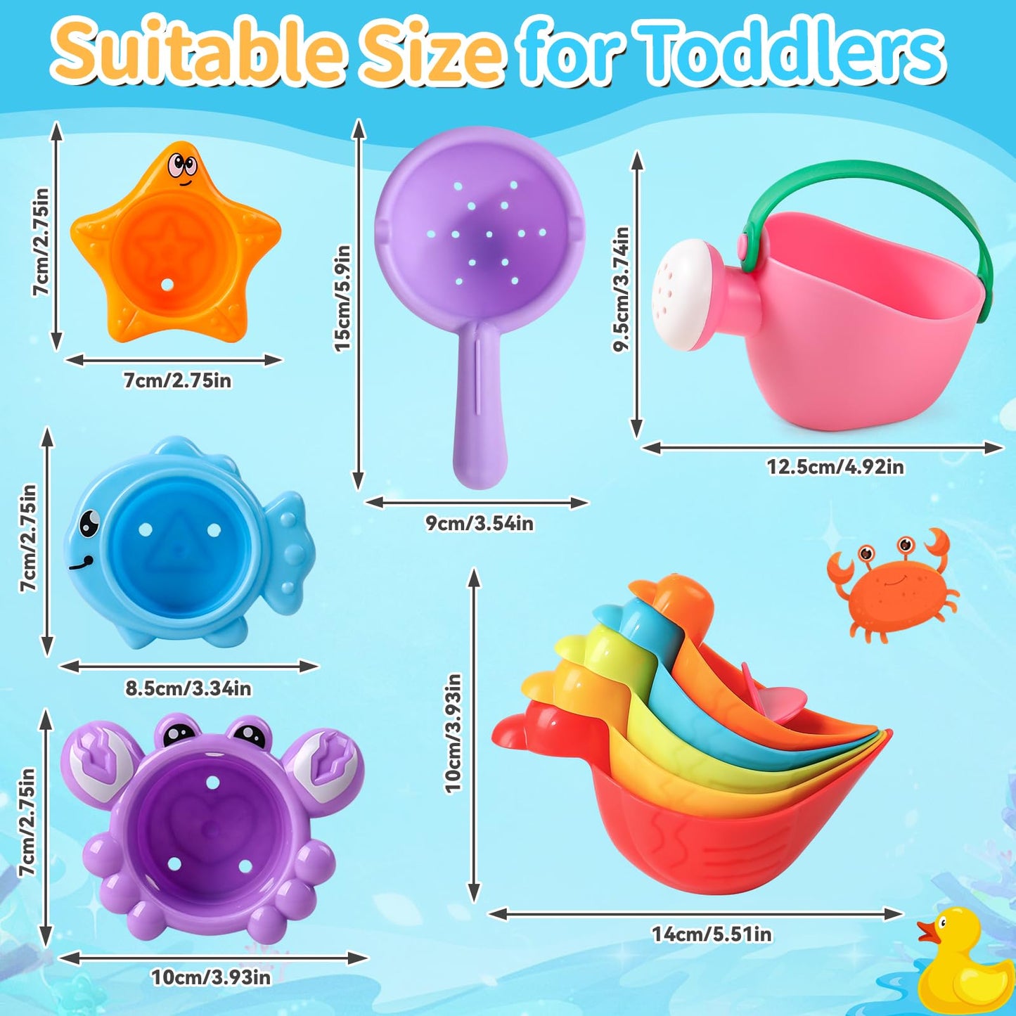 Voohek Toddler Bath Toys – 10-Piece Mold-Free Set for Ages 1-3 | Stacking Cups, Ducks & Water Play