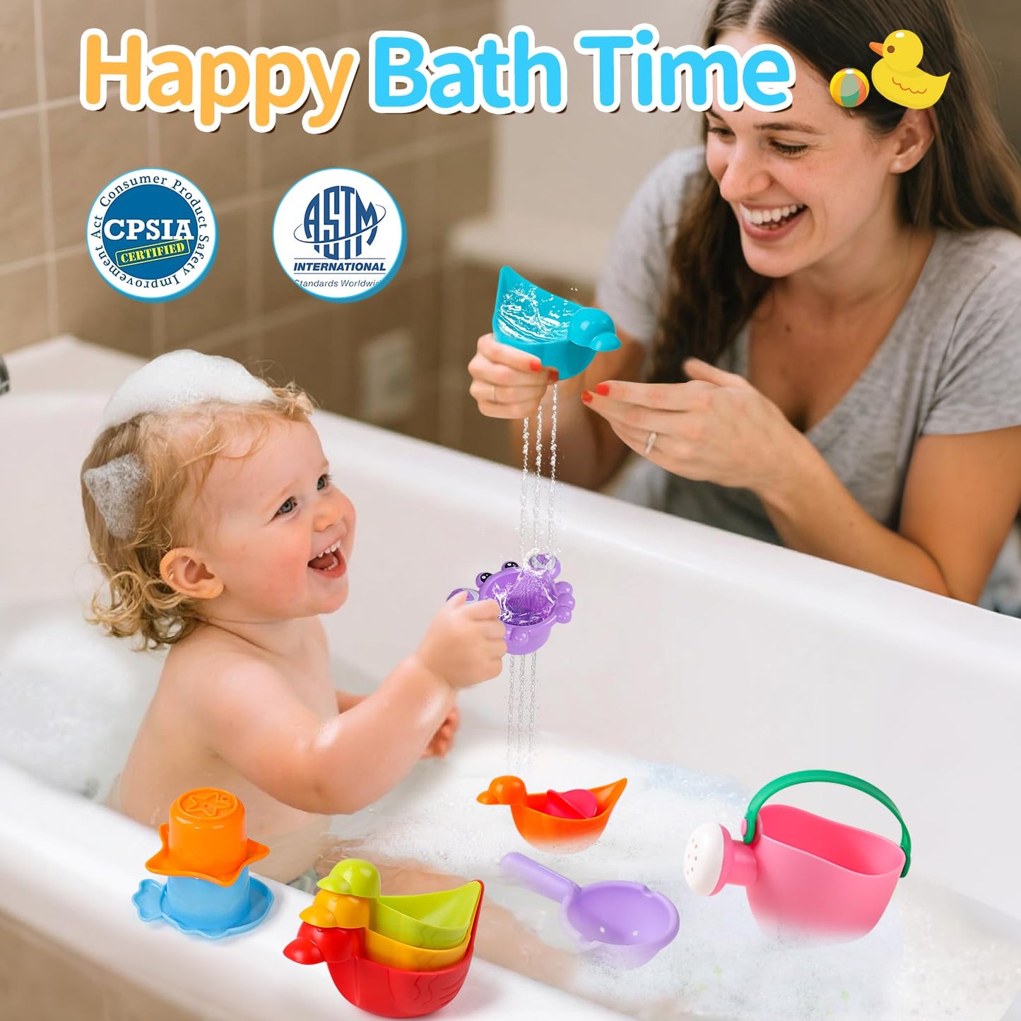 Voohek Toddler Bath Toys – 10-Piece Mold-Free Set for Ages 1-3 | Stacking Cups, Ducks & Water Play