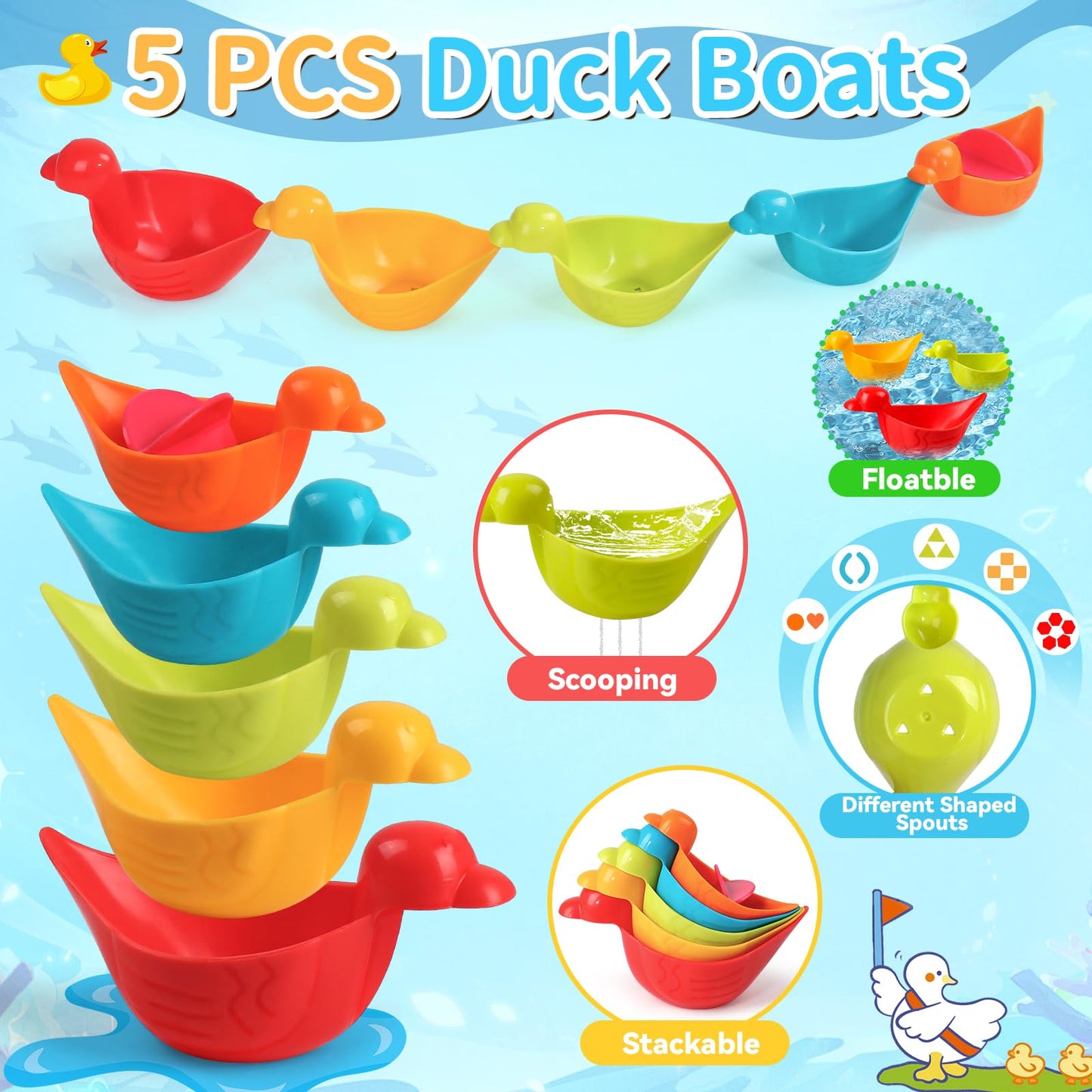 Voohek Toddler Bath Toys – 10-Piece Mold-Free Set for Ages 1-3 | Stacking Cups, Ducks & Water Play