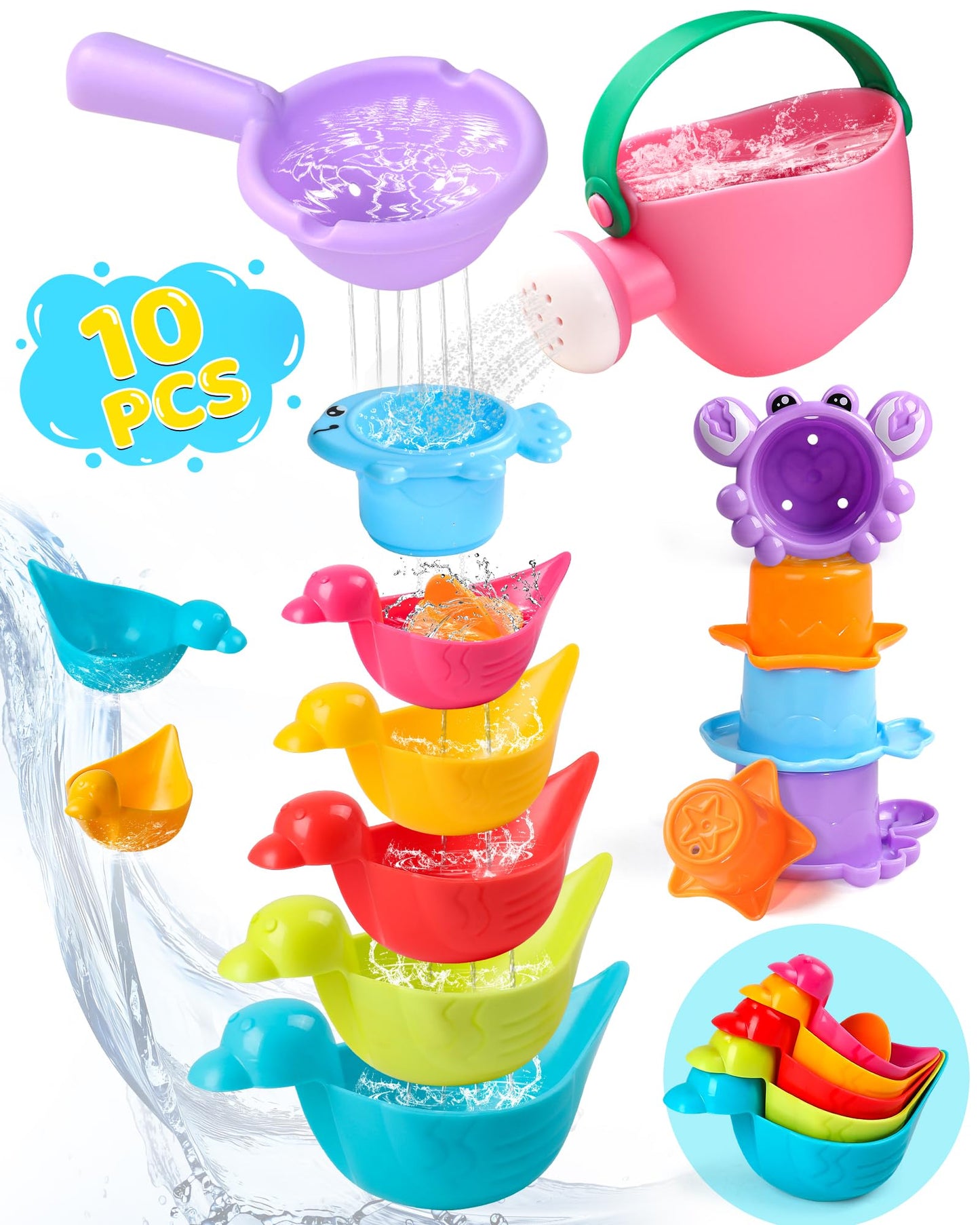 Voohek Toddler Bath Toys – 10-Piece Mold-Free Set for Ages 1-3 | Stacking Cups, Ducks & Water Play