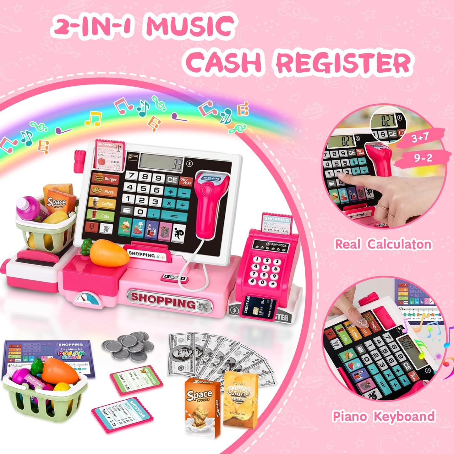 VOPOGLNE Cash Register Playset – Real Calculator, Pretend Store with Music