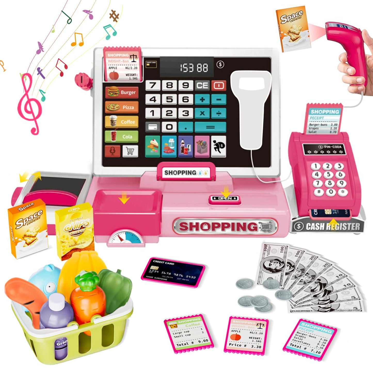 VOPOGLNE Cash Register Playset – Real Calculator, Pretend Store with Music