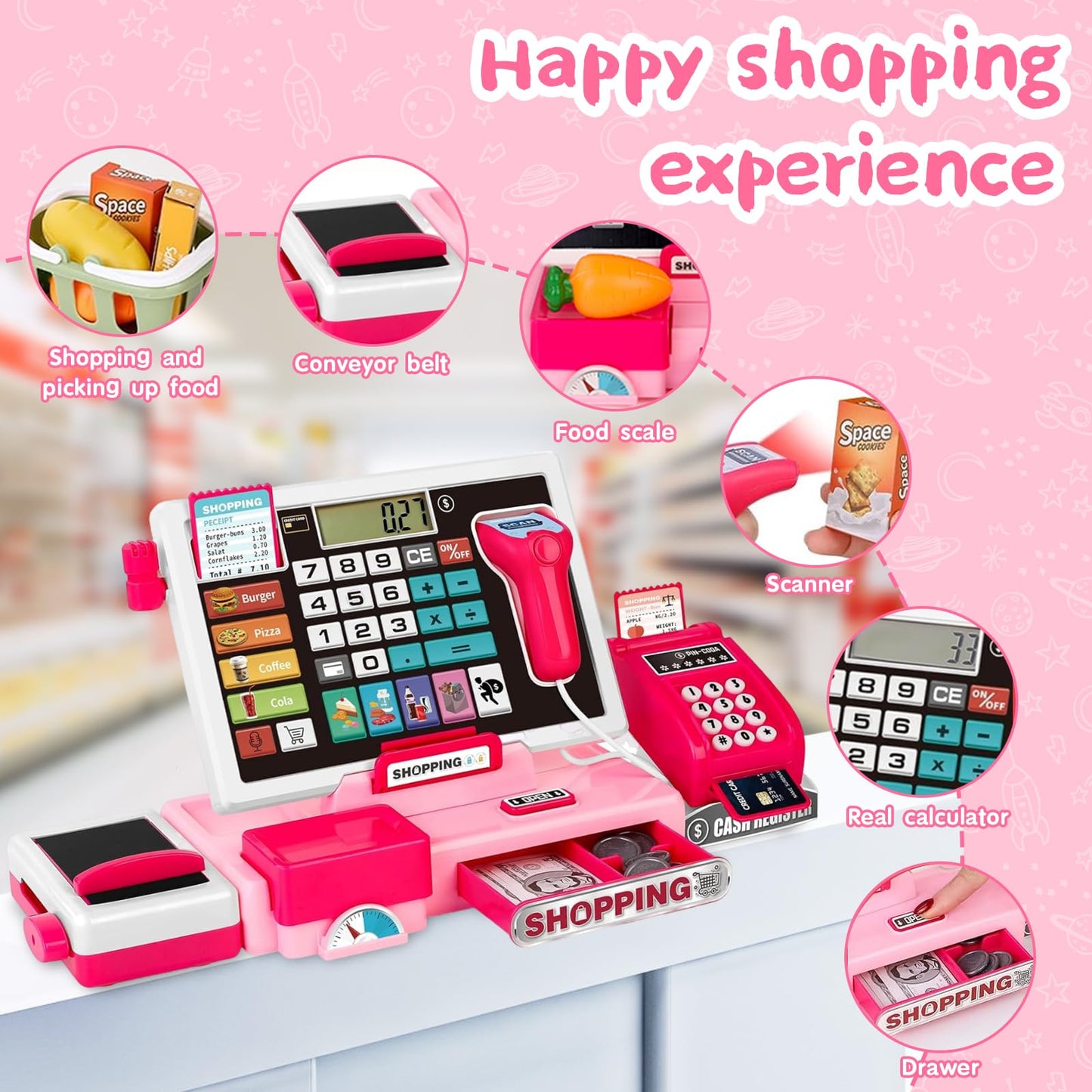 VOPOGLNE Cash Register Playset – Real Calculator, Pretend Store with Music