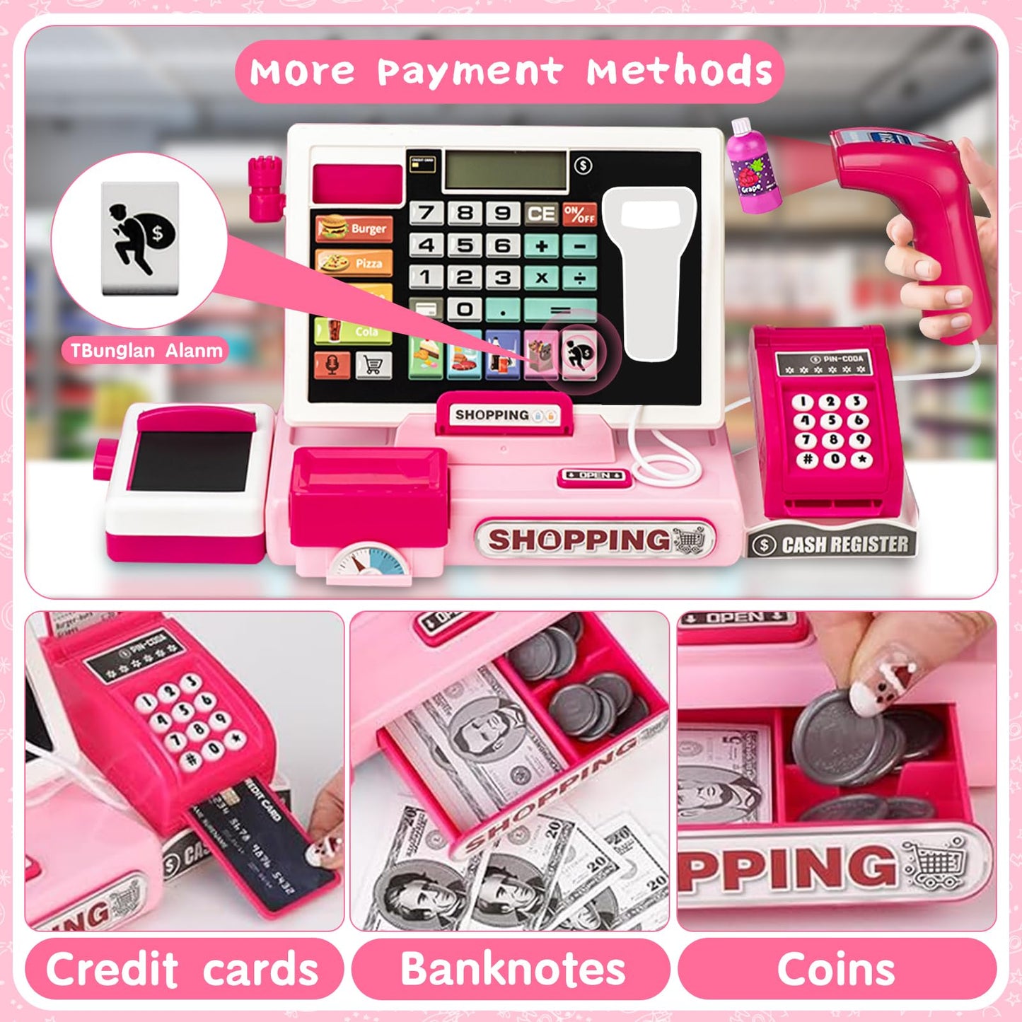 VOPOGLNE Cash Register Playset – Real Calculator, Pretend Store with Music