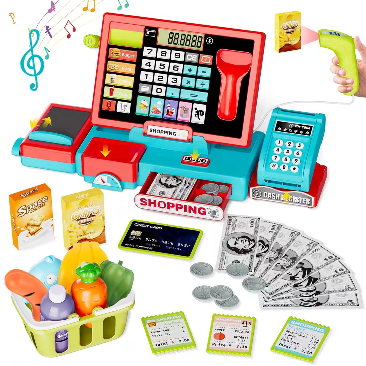 VOPOGLNE Cash Register Playset for Kids – Real Calculator, Music & Pretend Store