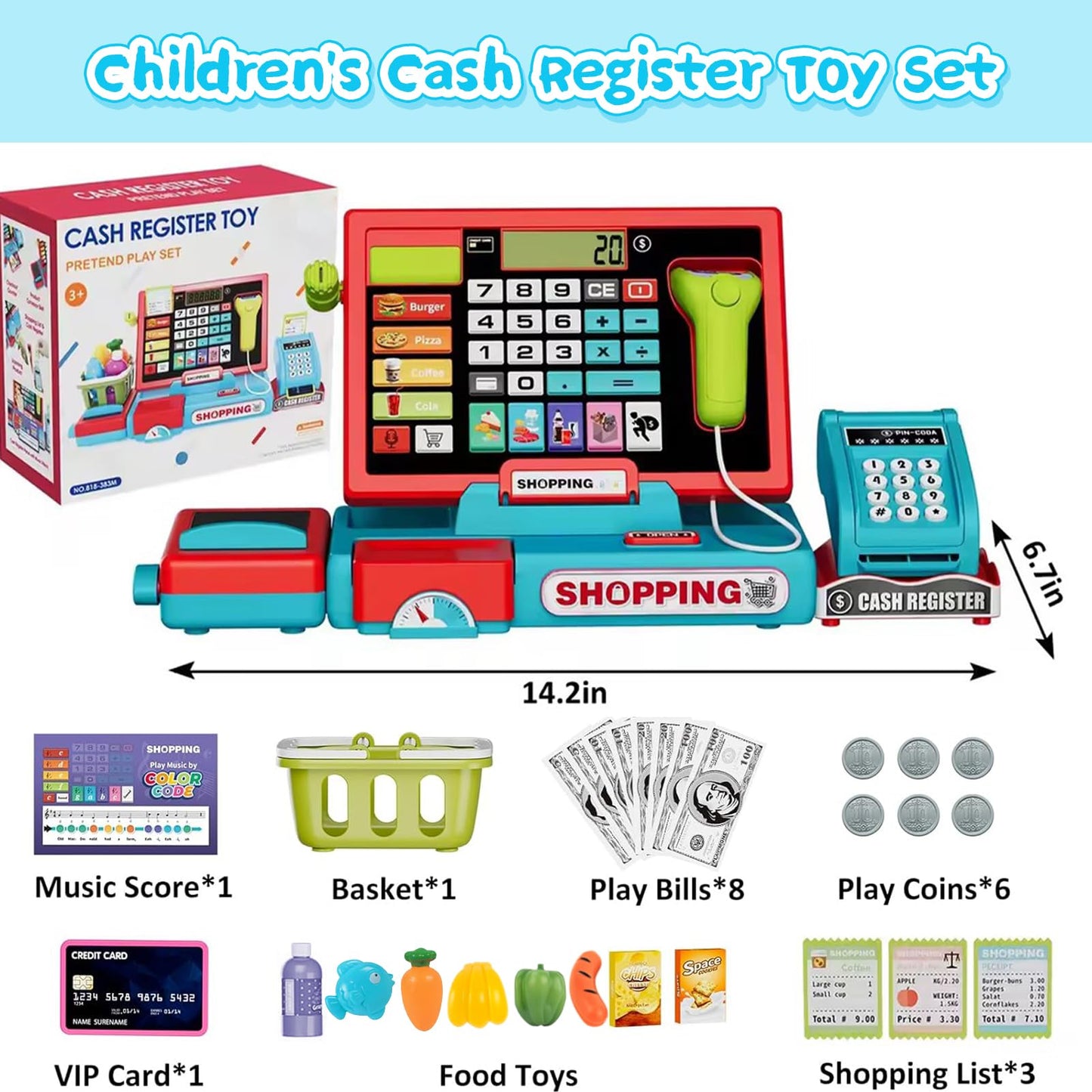 VOPOGLNE Cash Register Playset for Kids – Real Calculator, Music & Pretend Store